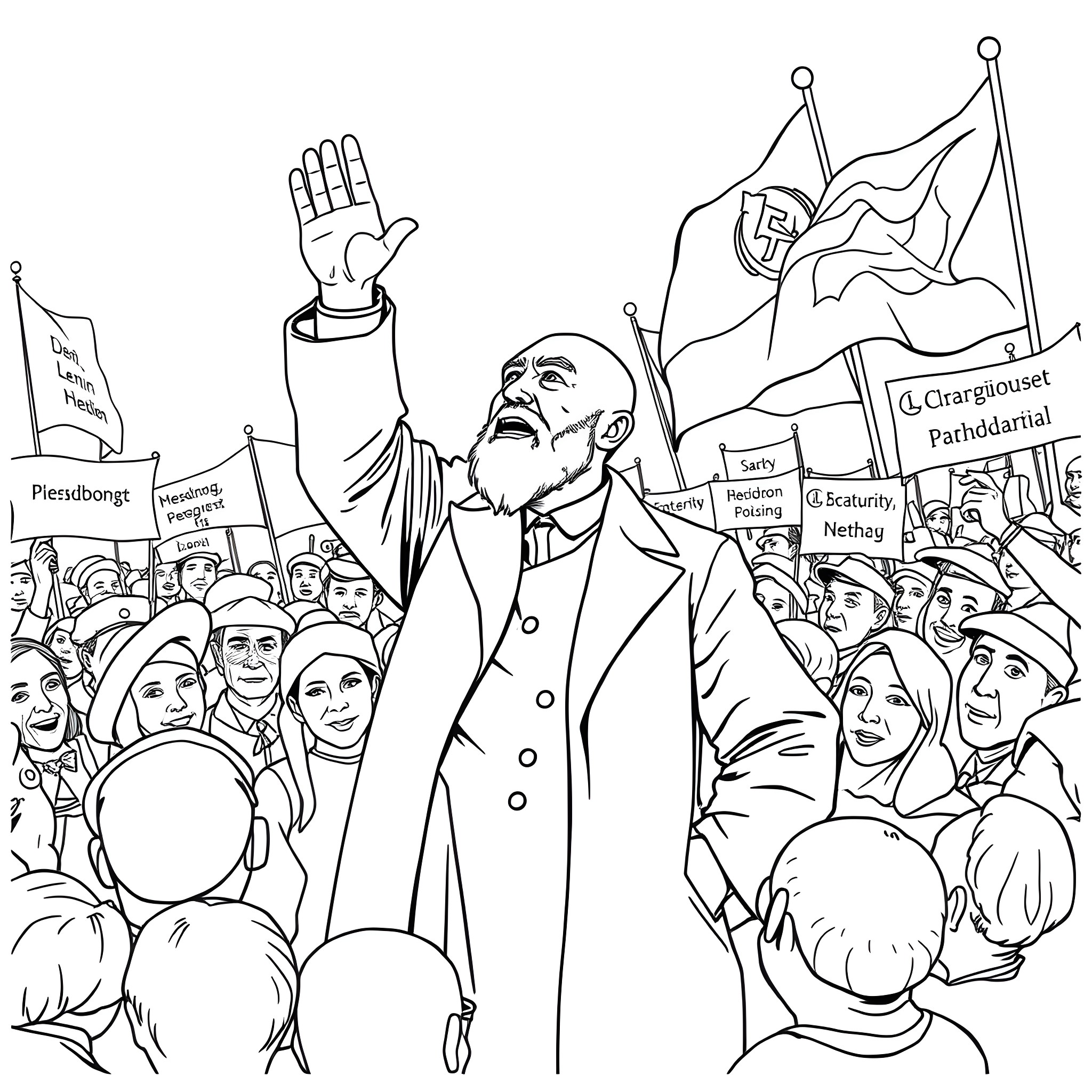Lenin addressing a crowd of supporters with flags and banners Coloring Page (free black-and-white line drawing printable PDF for all, from beginners to advanced learners, including children, teens, adults, and seniors)