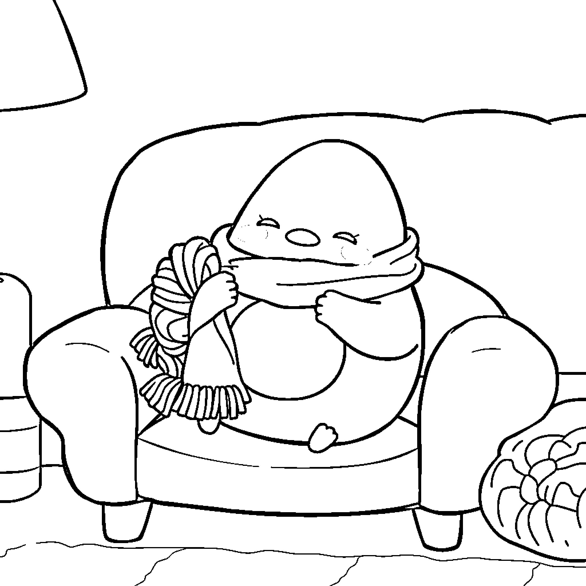 Gudetama lounging comfortably on a couch Coloring Page (free black-and-white line drawing printable PDF for all, from beginners to advanced learners, including children, teens, adults, and seniors)