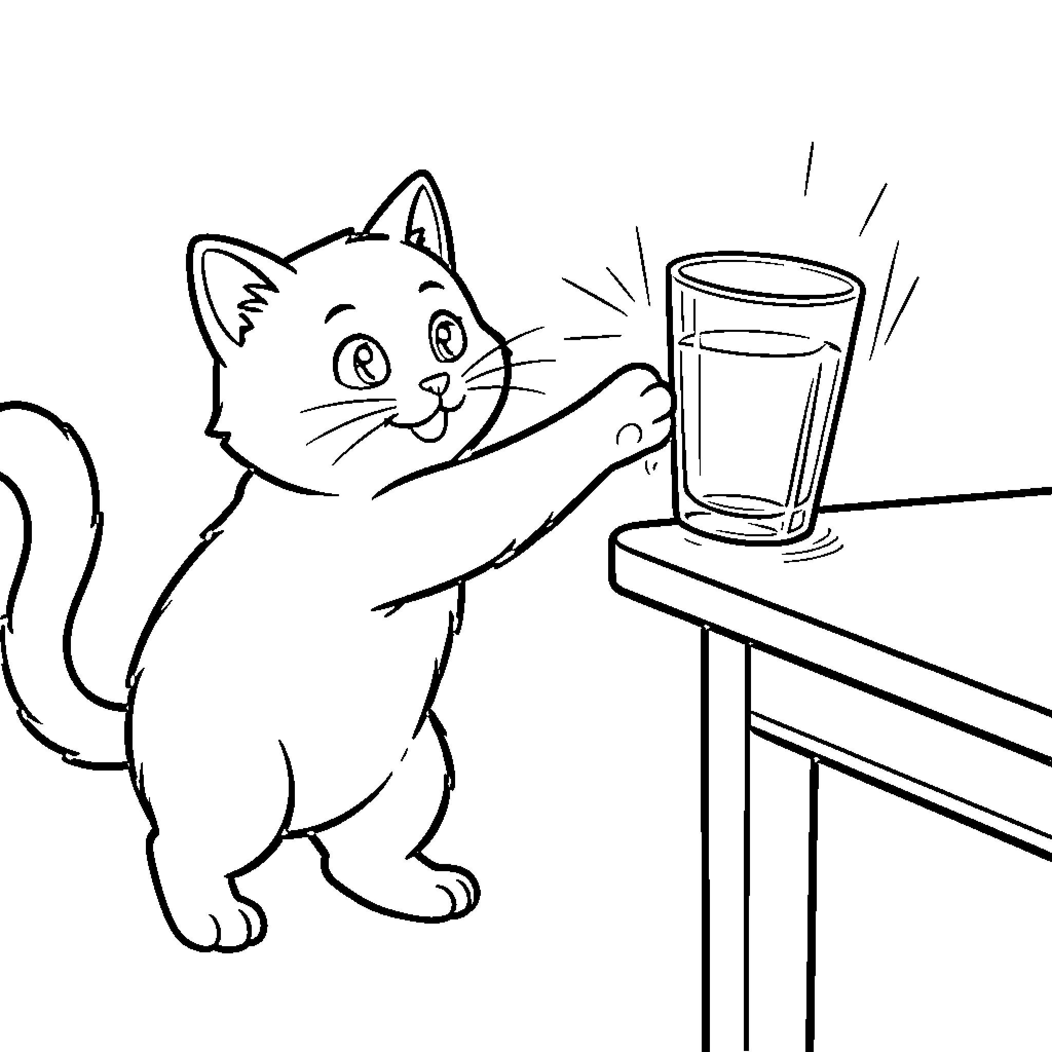 Cat Reaching for Glass on Table Coloring Page (free black-and-white line drawing printable PDF for all, from beginners to advanced learners, including children, teens, adults, and seniors)