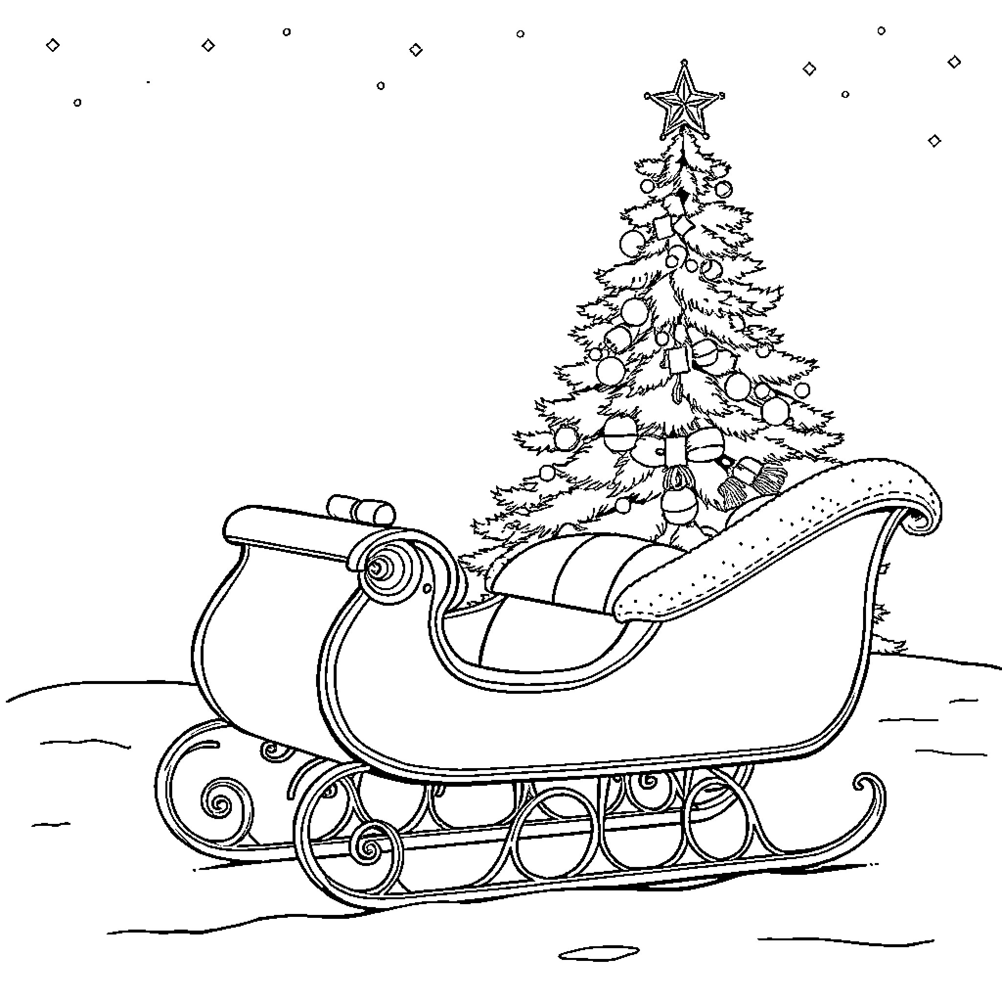 Sleigh with Christmas tree and ornaments Coloring Page (free black-and-white line drawing printable PDF for all, from beginners to advanced learners, including children, teens, adults, and seniors)