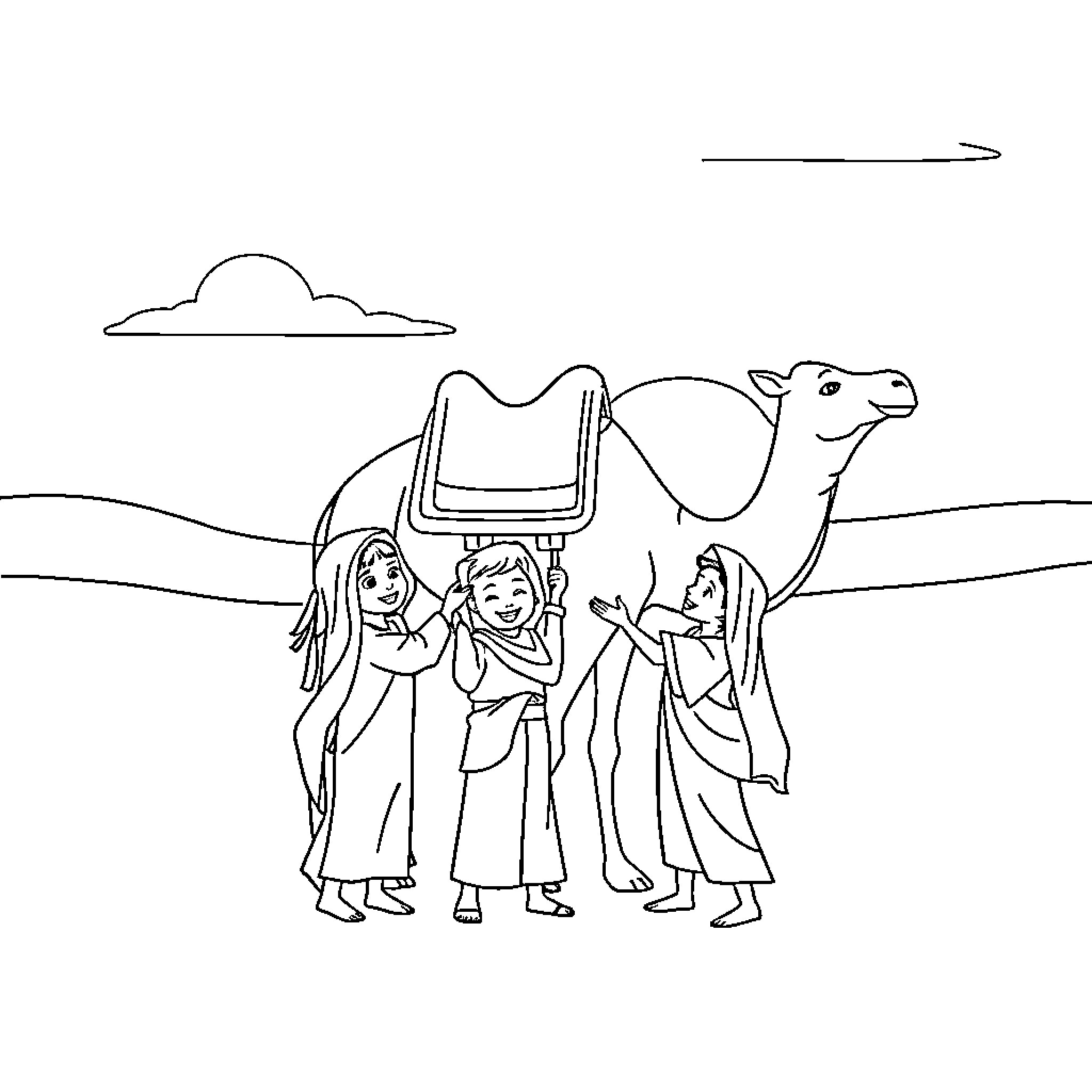Camel carries travelers across the desert Coloring Page (free black-and-white line drawing printable PDF for all, from beginners to advanced learners, including children, teens, adults, and seniors)