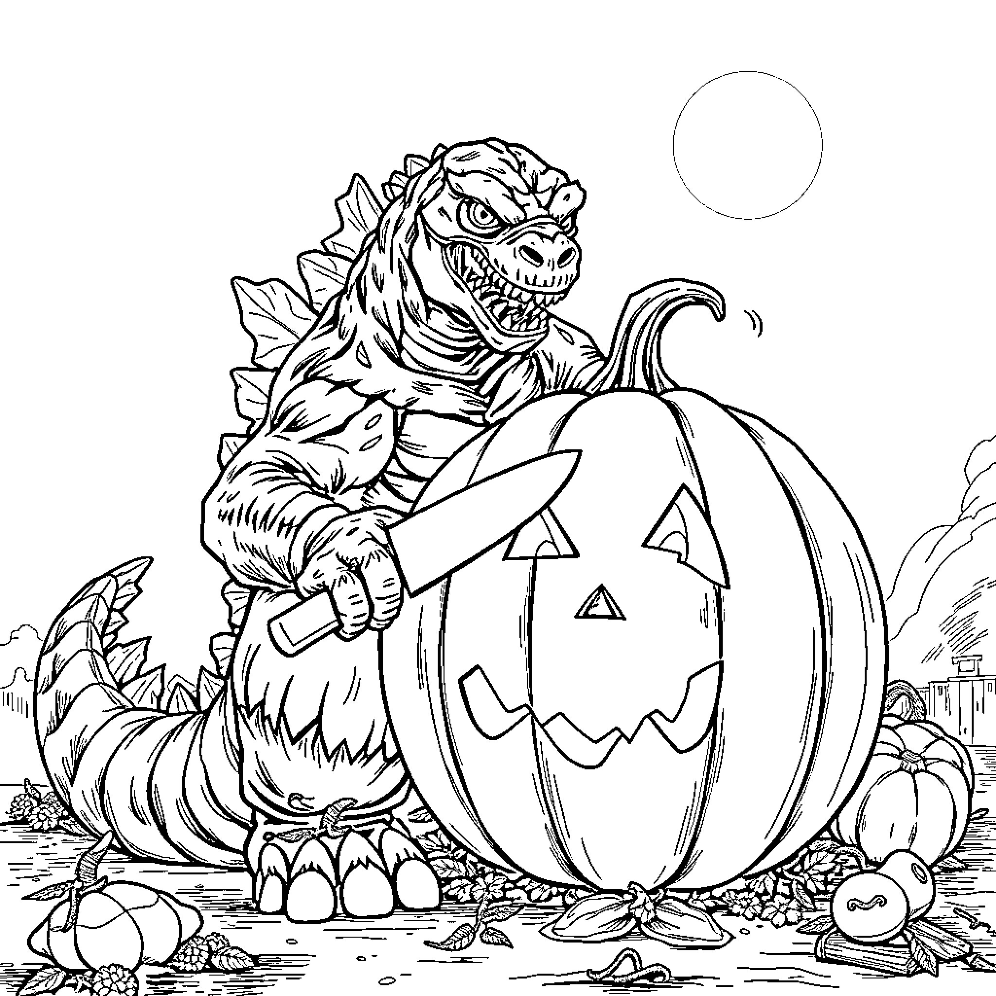 Godzilla attacking a carved pumpkin in spooky Halloween scene Coloring Page (free black-and-white line drawing printable PDF for all, from beginners to advanced learners, including children, teens, adults, and seniors)