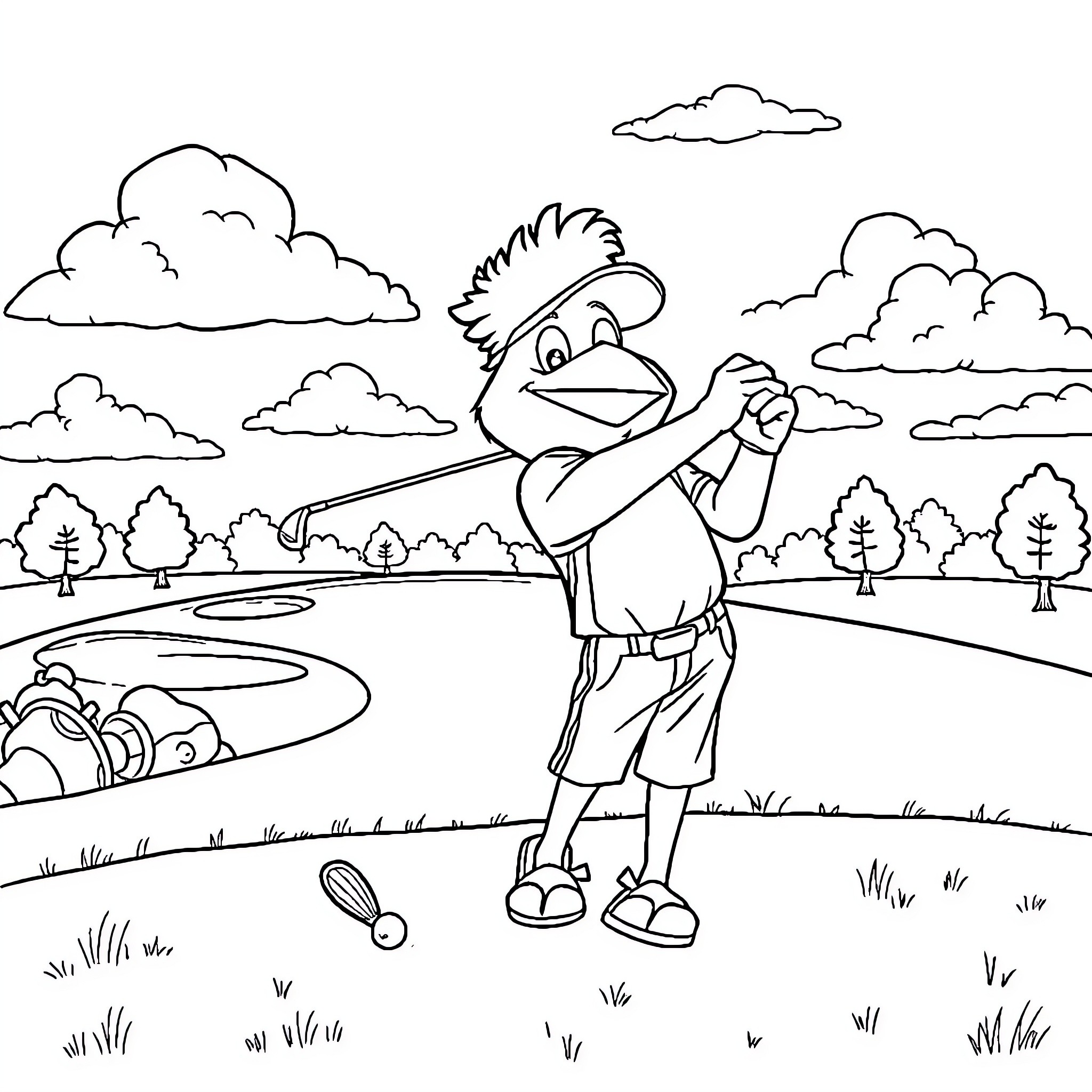 Goldorak playing happily in the park Coloring Page (free black-and-white line drawing printable PDF for all, from beginners to advanced learners, including children, teens, adults, and seniors)