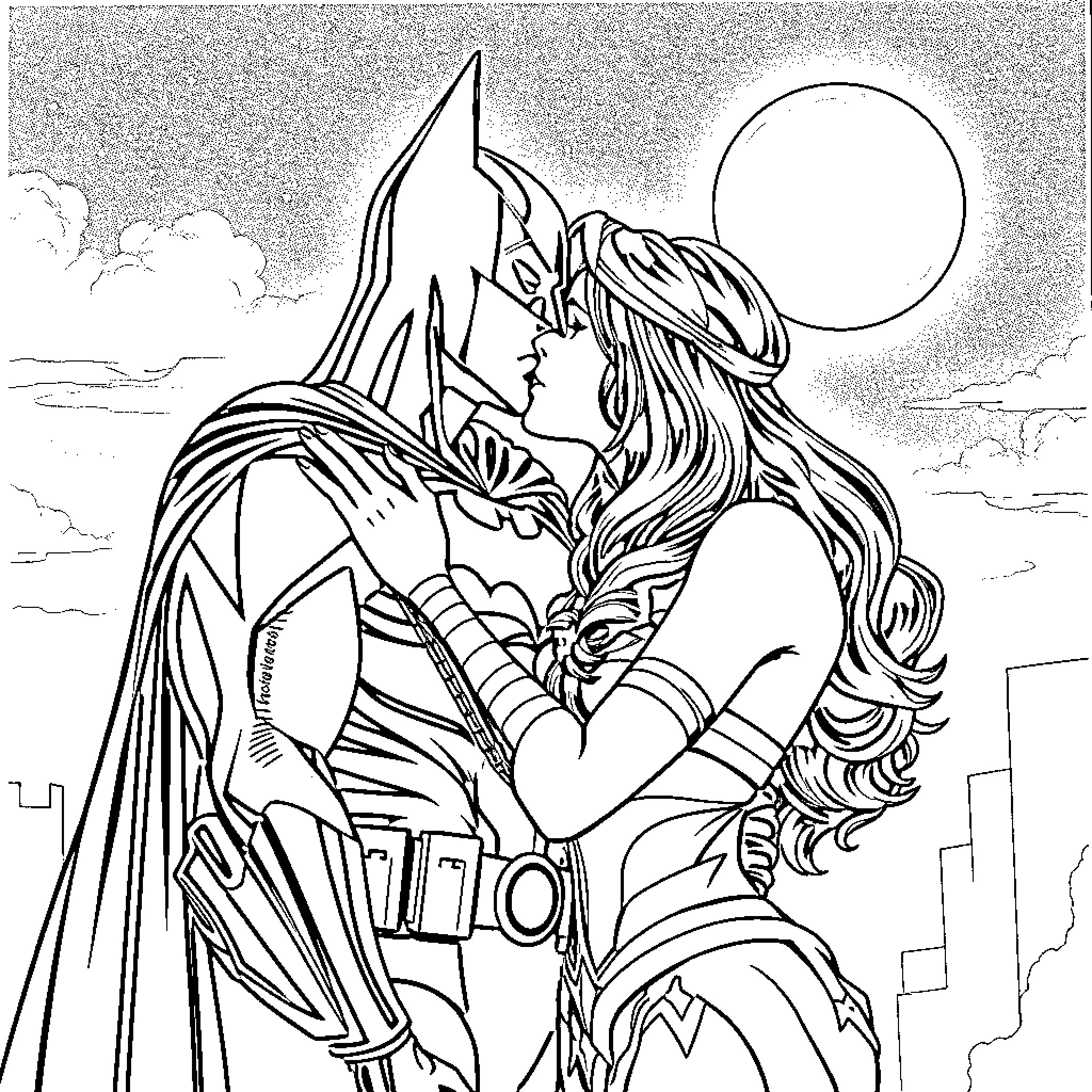 Batman embracing Wonder Woman under the moonlight Coloring Page (free black-and-white line drawing printable PDF for all, from beginners to advanced learners, including children, teens, adults, and seniors)