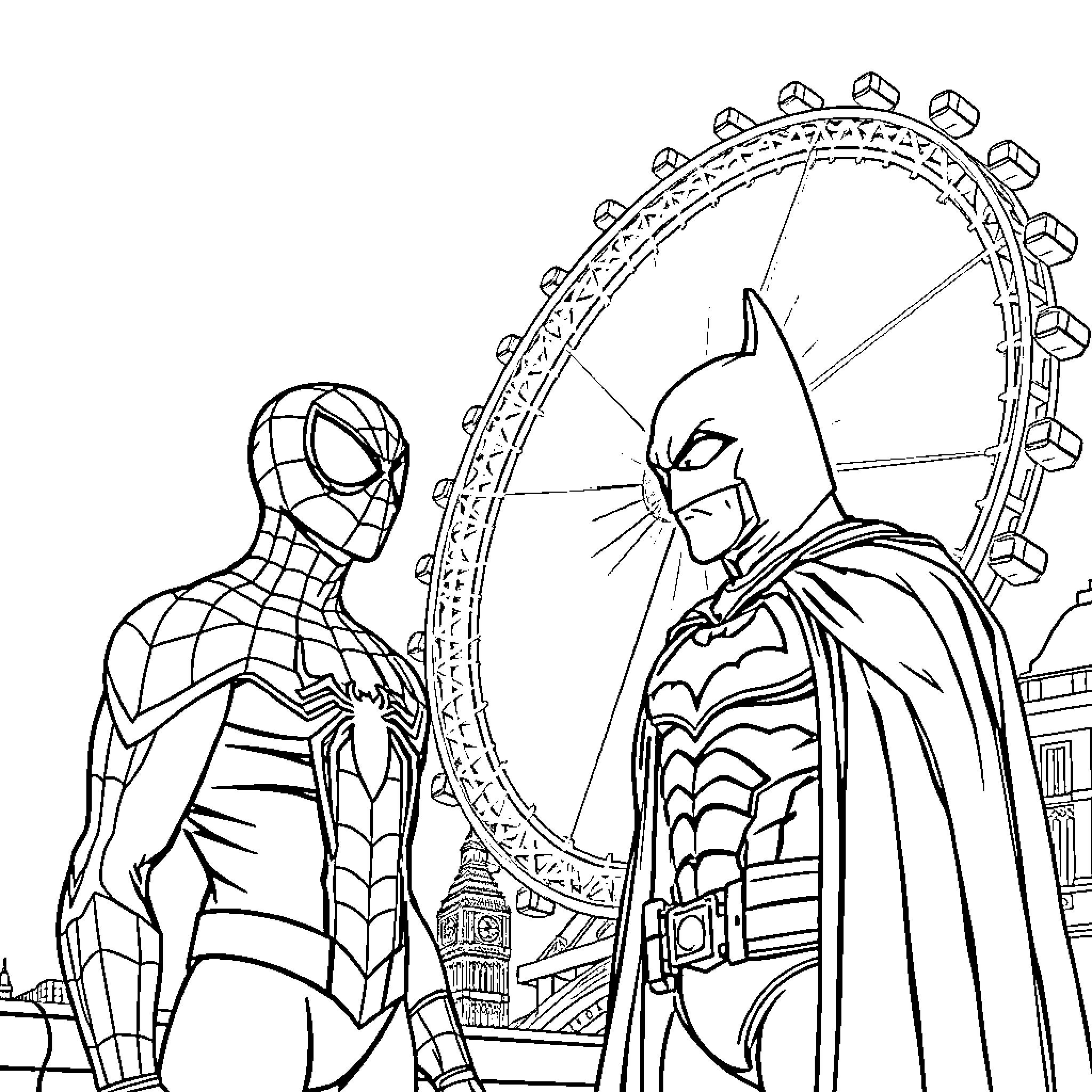 Spider-Man and Batman facing off in a city scene Coloring Page (free black-and-white line drawing printable PDF for all, from beginners to advanced learners, including children, teens, adults, and seniors)
