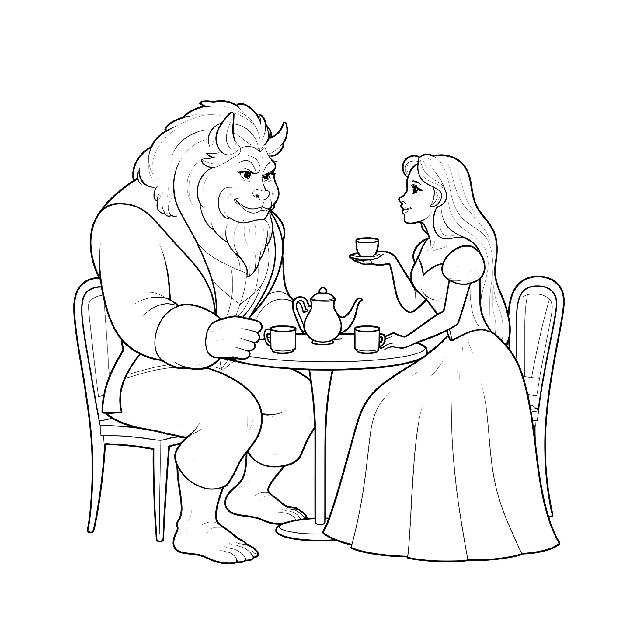 Beauty And The Beast Enjoying Tea Together Coloring Page (free black-and-white line drawing printable PDF for all, from beginners to advanced learners, including children, teens, adults, and seniors)
