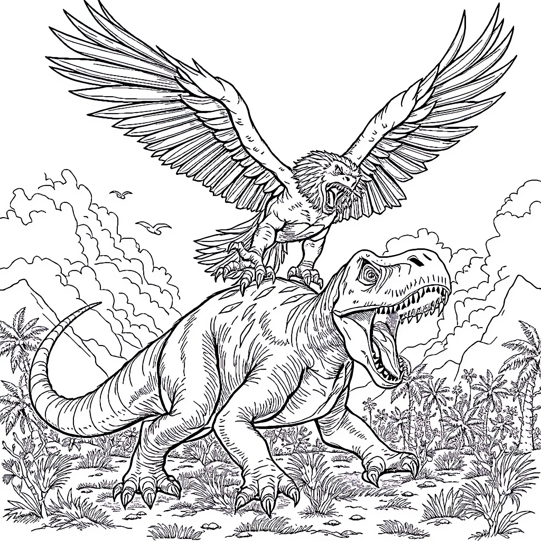 Griffin soaring over a roaring dinosaur in a lush landscape Coloring Page (free black-and-white line drawing printable PDF for all, from beginners to advanced learners, including children, teens, adults, and seniors)