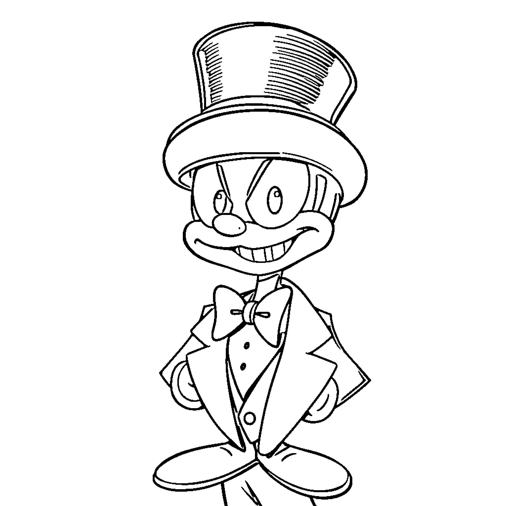 Marvin the Funny Man in Tuxedo and Top Hat Coloring Page (free black-and-white line drawing printable PDF for all, from beginners to advanced learners, including children, teens, adults, and seniors)