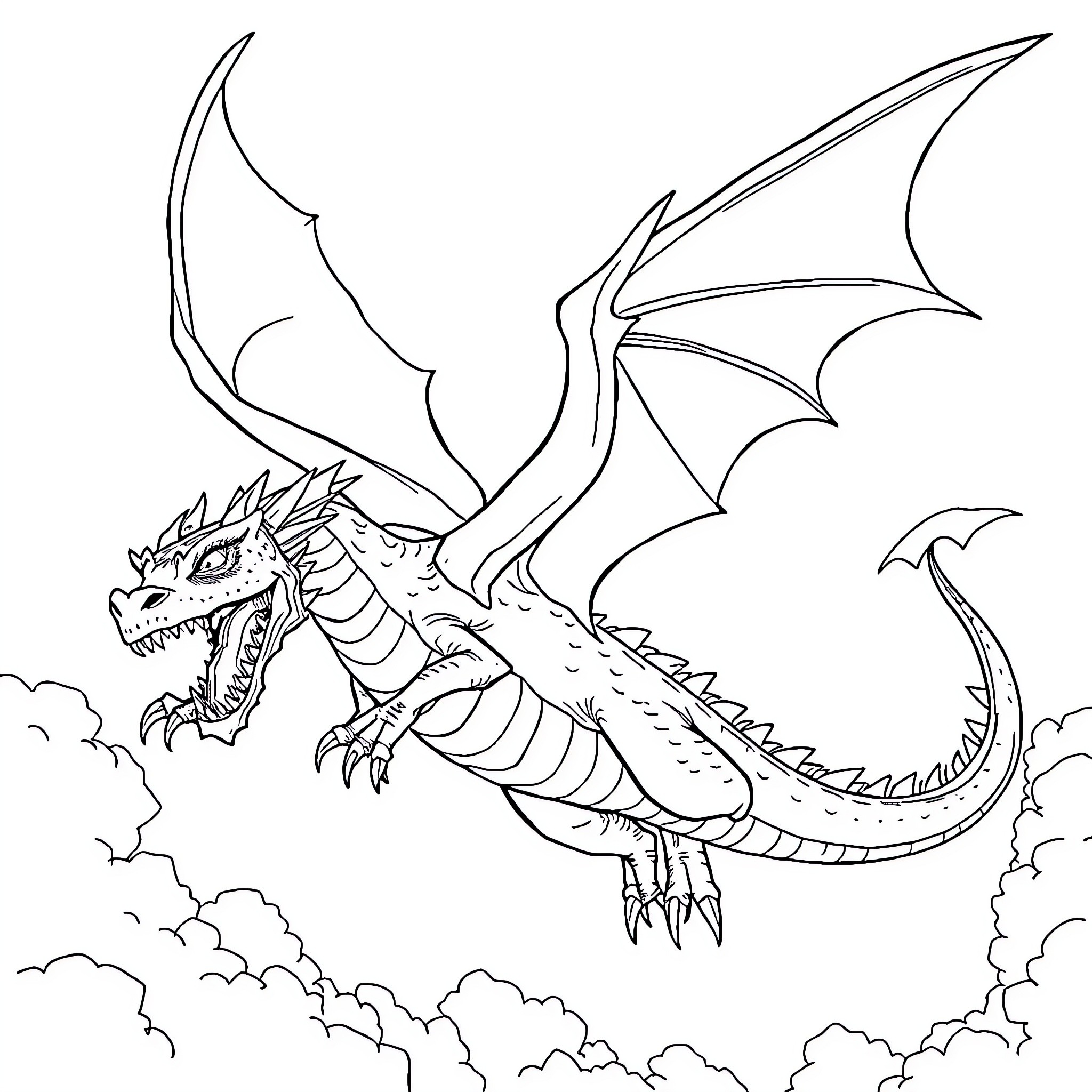 Dragon soaring through the clouds Coloring Page (free black-and-white line drawing printable PDF for all, from beginners to advanced learners, including children, teens, adults, and seniors)