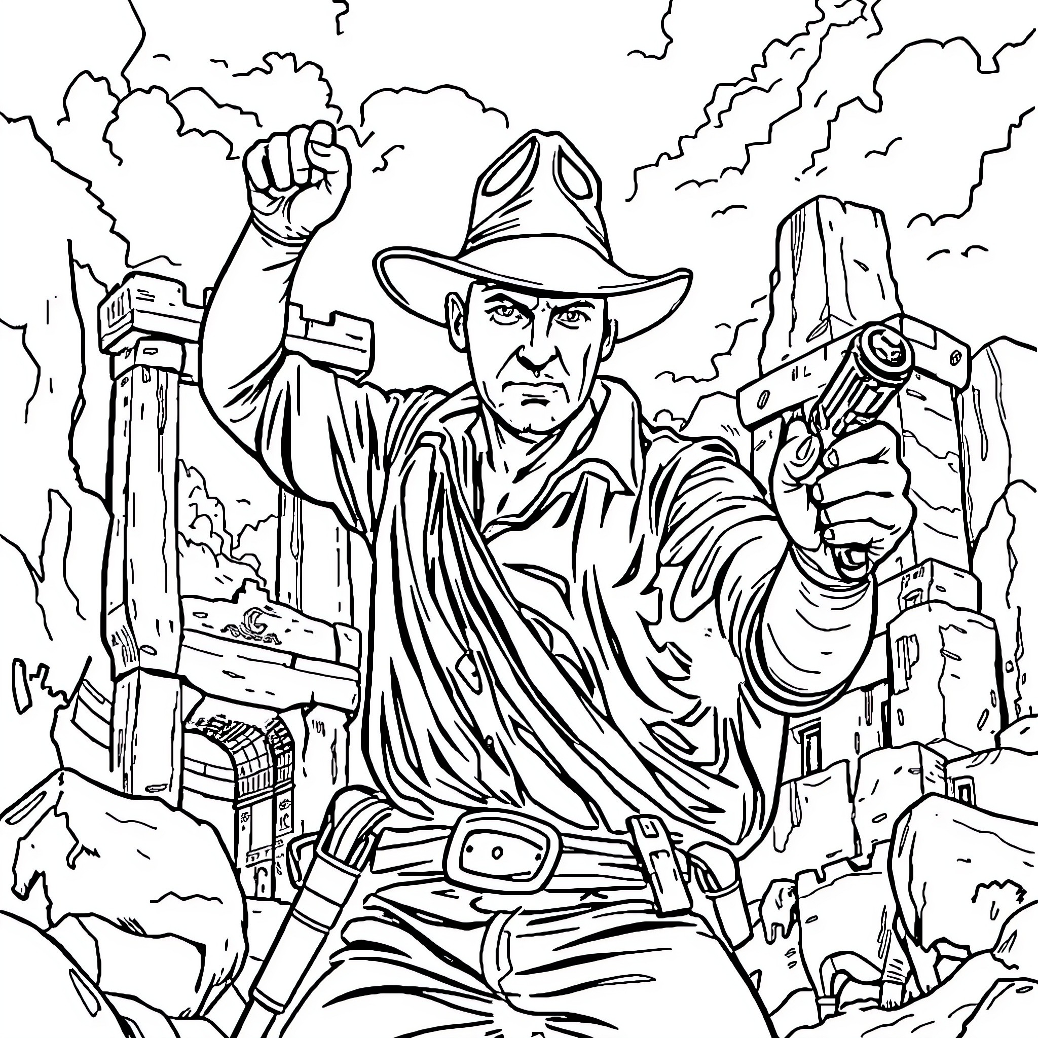 Indiana Jones on an epic adventure Coloring Page (free black-and-white line drawing printable PDF for all, from beginners to advanced learners, including children, teens, adults, and seniors)