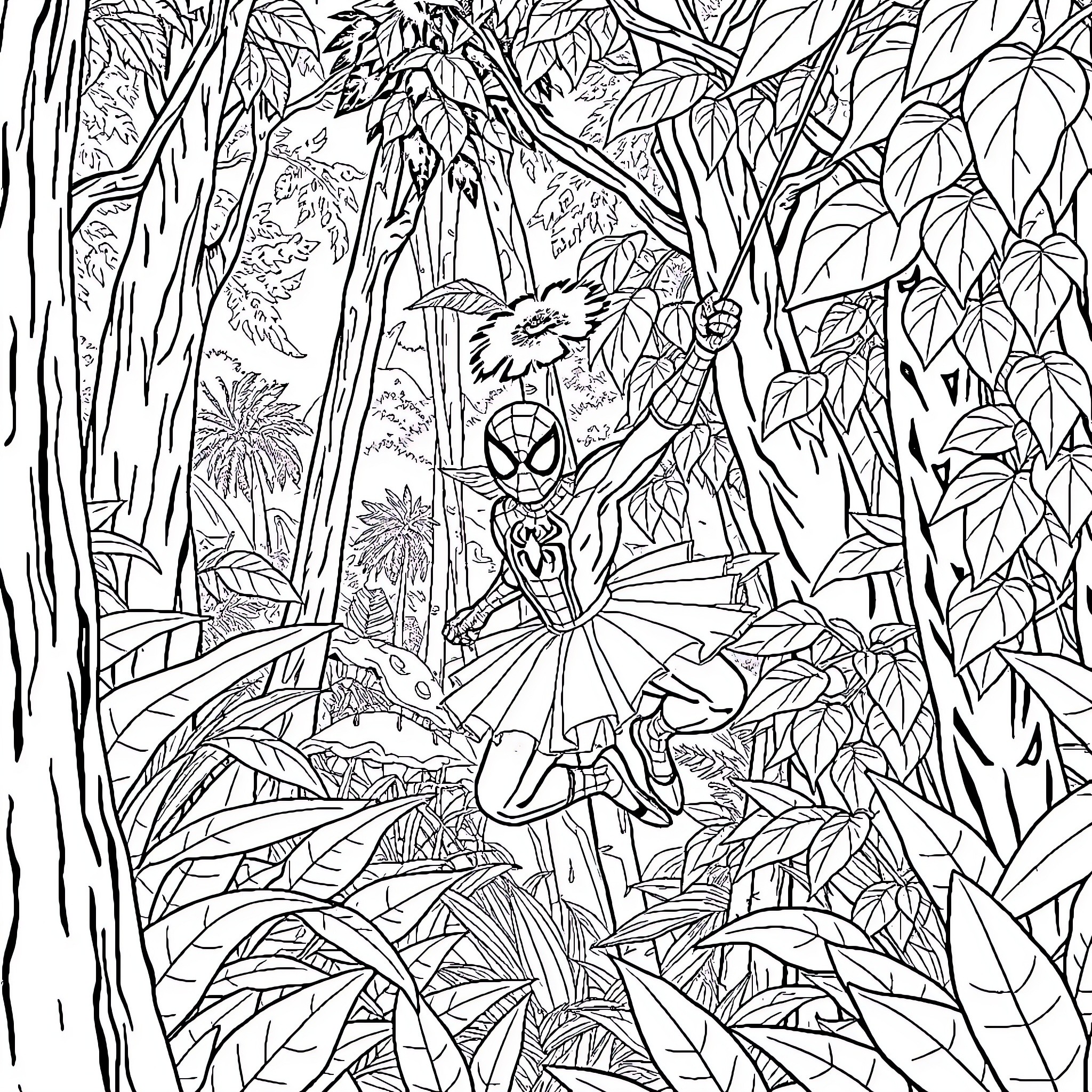 Spiderman swinging through the lush jungle Coloring Page (free black-and-white line drawing printable PDF for all, from beginners to advanced learners, including children, teens, adults, and seniors)
