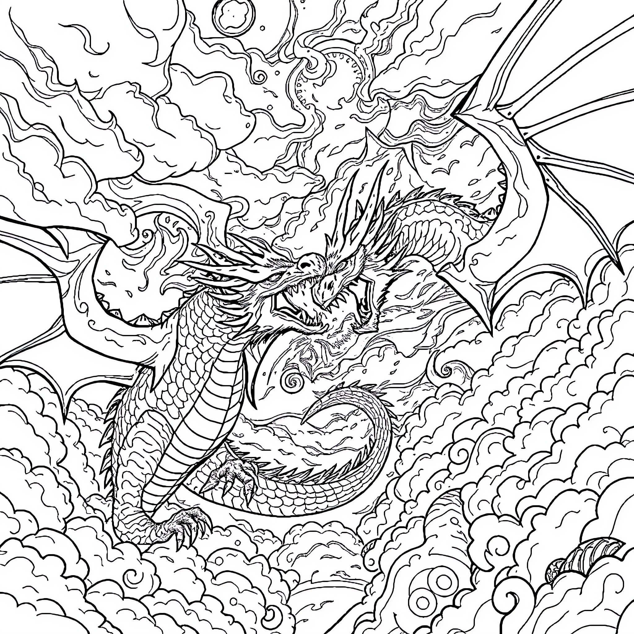 Dragon soaring through enchanted celestial skies Coloring Page (free black-and-white line drawing printable PDF for all, from beginners to advanced learners, including children, teens, adults, and seniors)