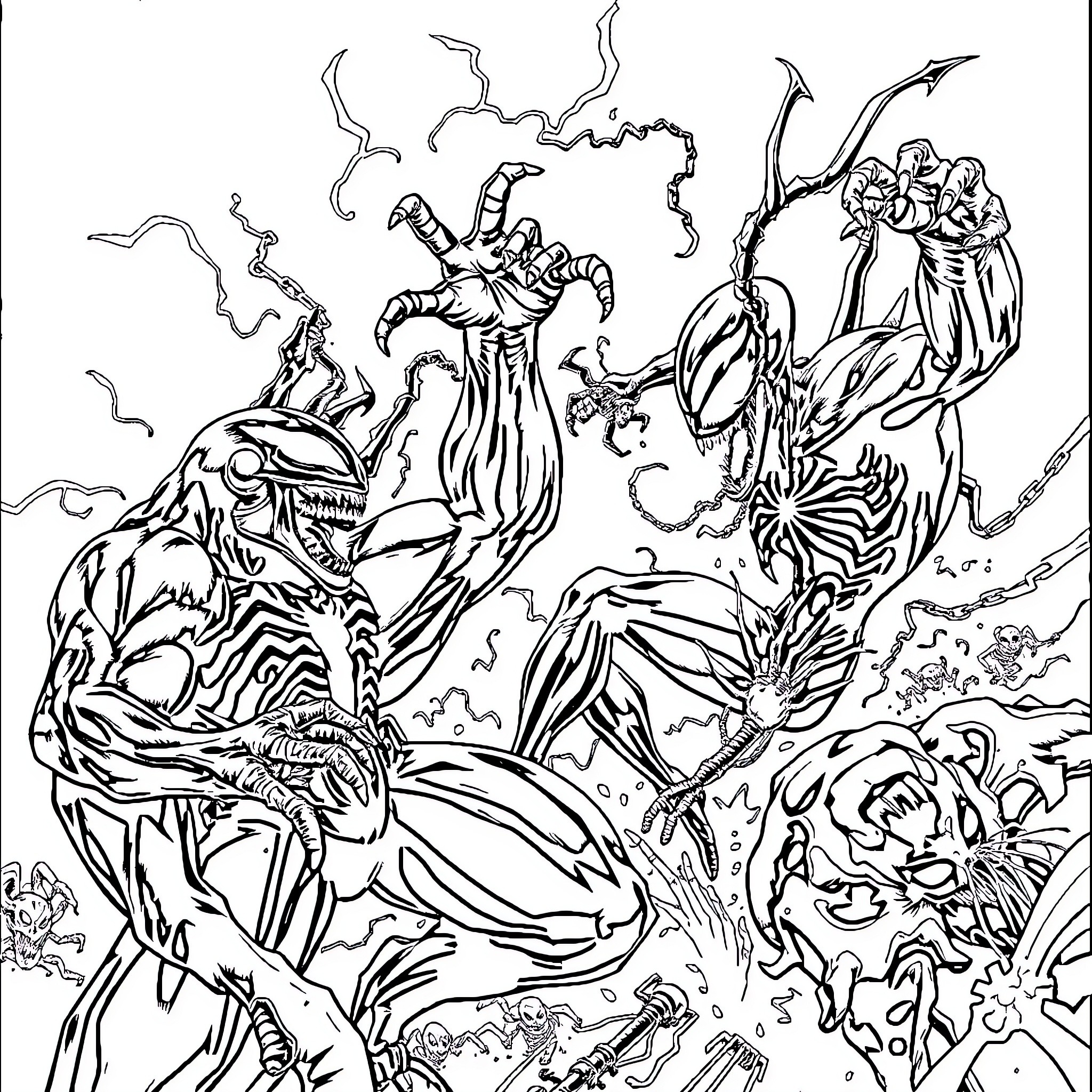 Venom's Chaotic Encounter with Alien Creatures Coloring Page (free black-and-white line drawing printable PDF for all, from beginners to advanced learners, including children, teens, adults, and seniors)