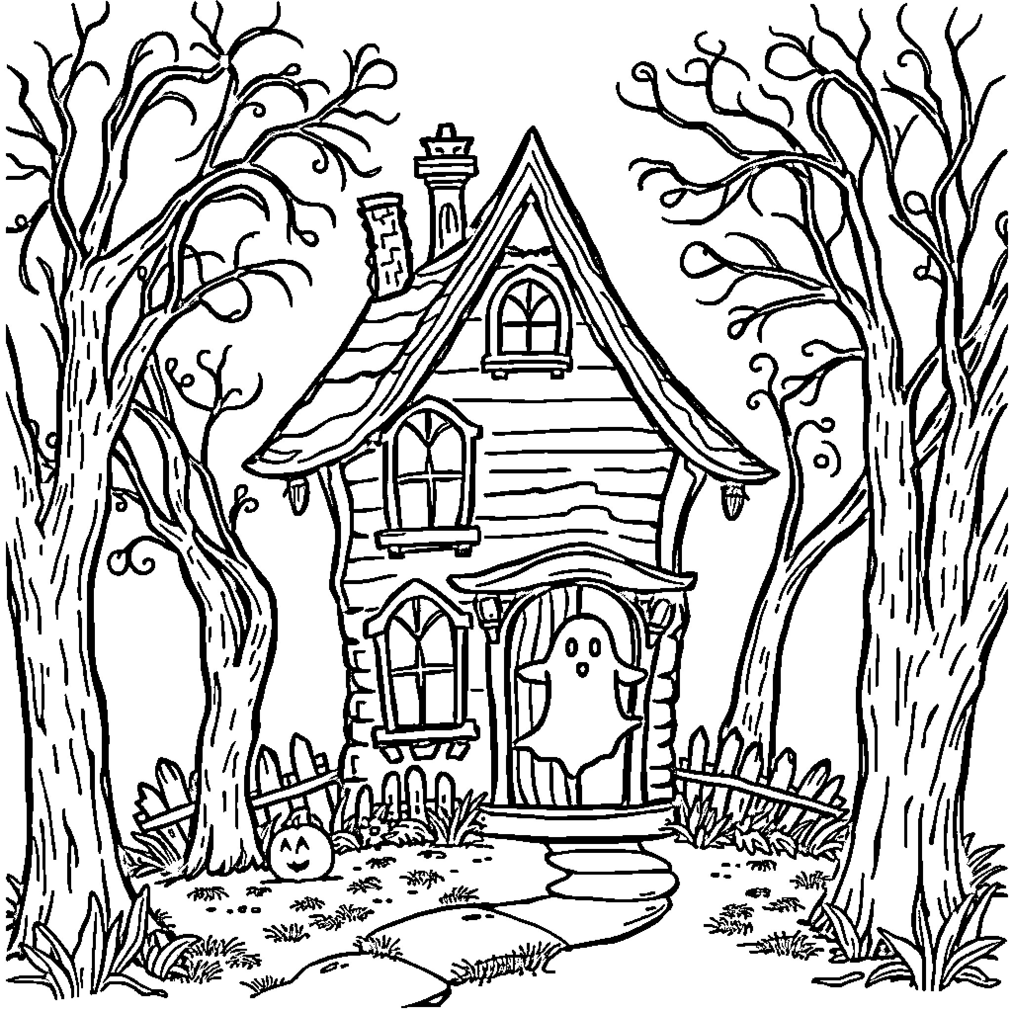 Haunted House with Ghostly Apparition Coloring Page (free black-and-white line drawing printable PDF for all, from beginners to advanced learners, including children, teens, adults, and seniors)