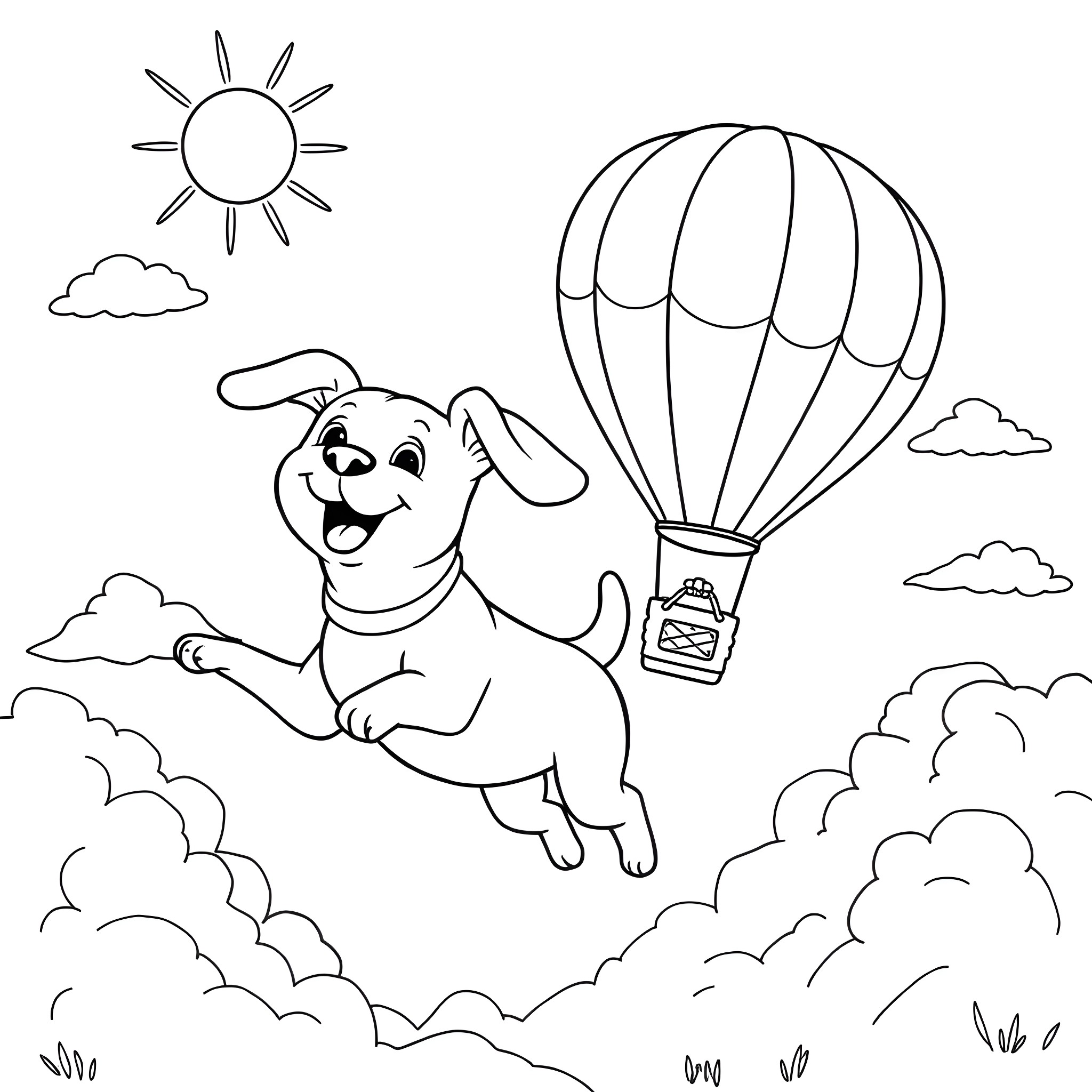 Dog enjoying a hot air balloon ride in the sky Coloring Page (free black-and-white line drawing printable PDF for all, from beginners to advanced learners, including children, teens, adults, and seniors)