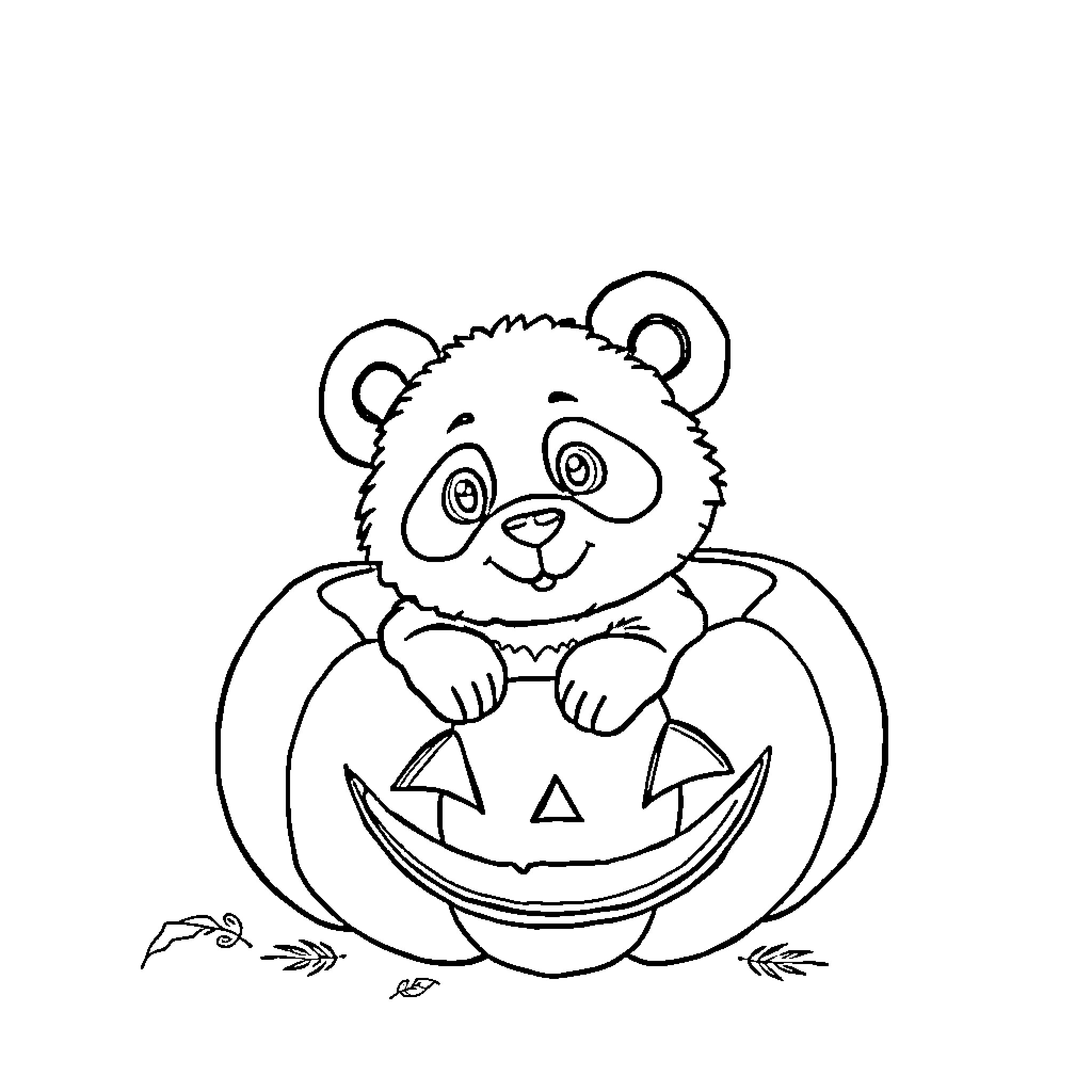 Panda sitting inside a pumpkin Coloring Page (free black-and-white line drawing printable PDF for all, from beginners to advanced learners, including children, teens, adults, and seniors)
