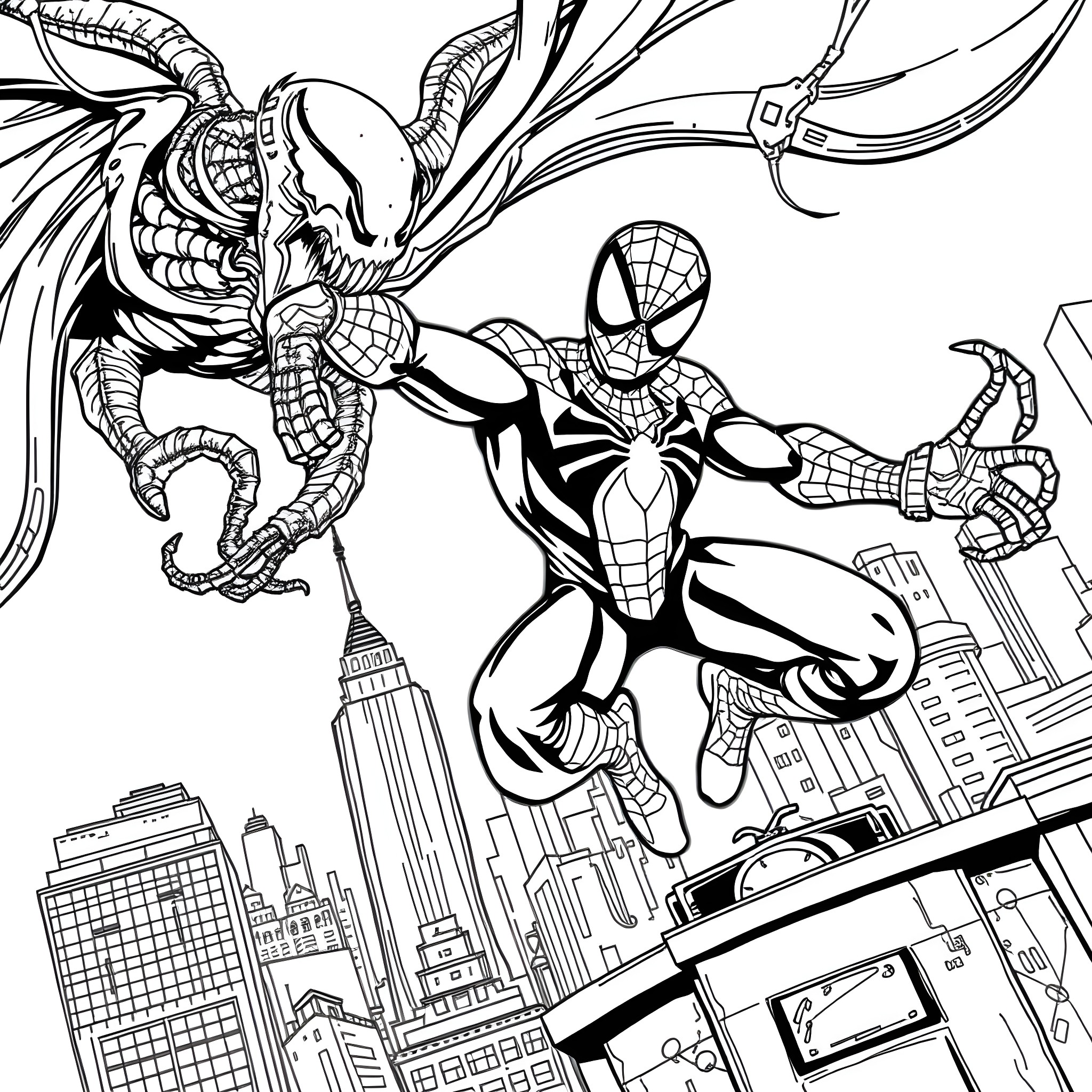 Spiderman battling a monstrous foe in the city Coloring Page (free black-and-white line drawing printable PDF for all, from beginners to advanced learners, including children, teens, adults, and seniors)