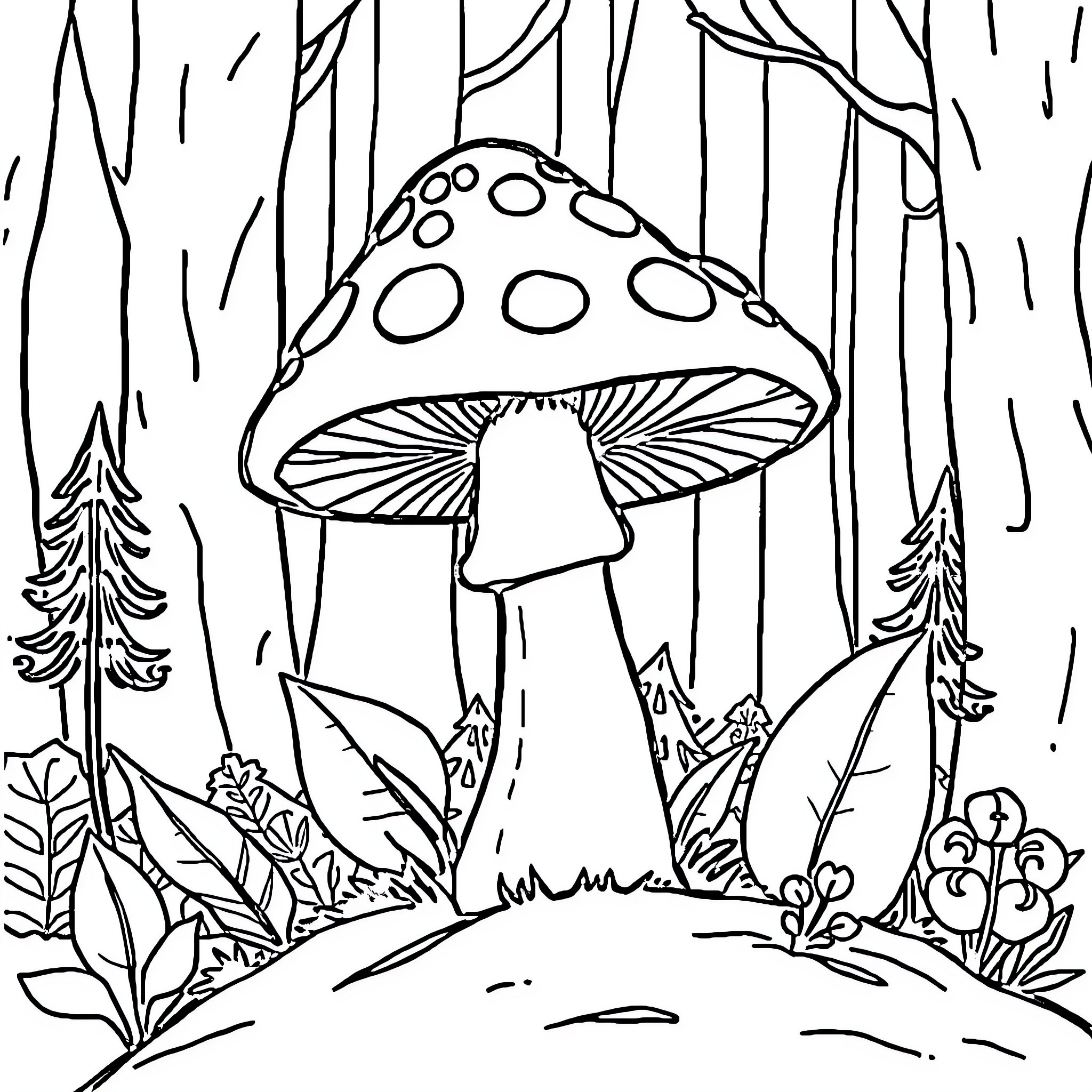 Mushroom in the Whimsical Forest Coloring Page (free black-and-white line drawing printable PDF for all, from beginners to advanced learners, including children, teens, adults, and seniors)