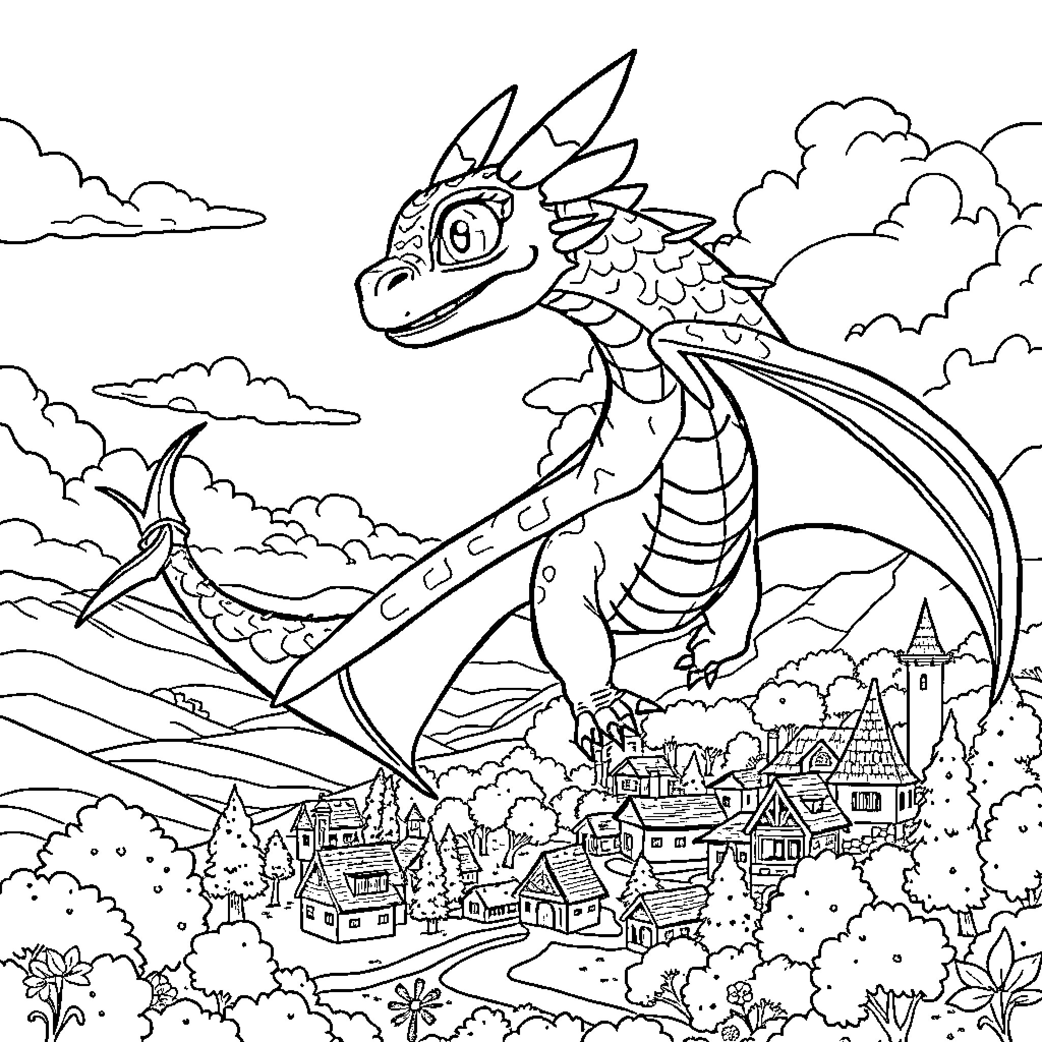 Krokmou soaring over a whimsical village Coloring Page (free black-and-white line drawing printable PDF for all, from beginners to advanced learners, including children, teens, adults, and seniors)