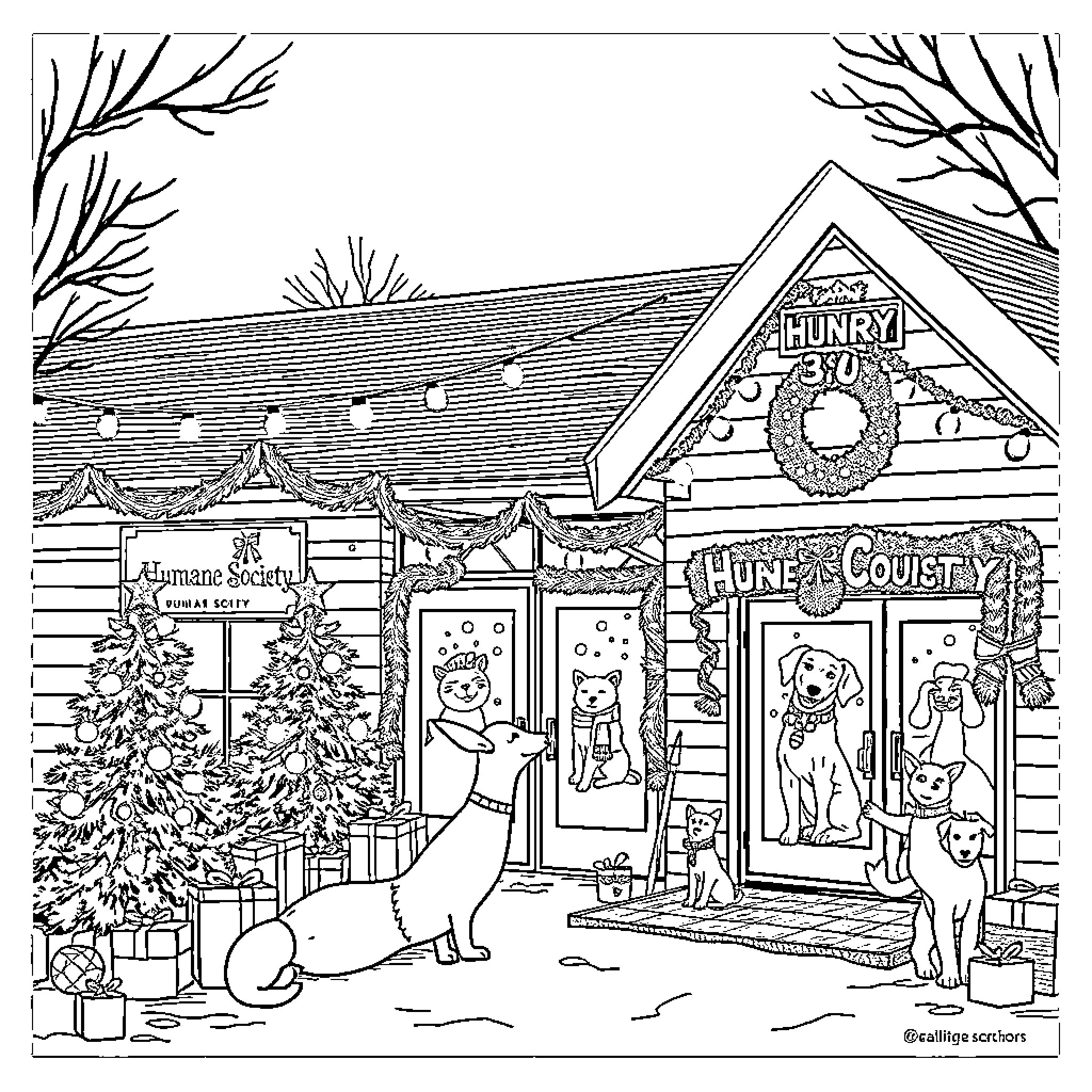 Humane Society Christmas celebration in winter wonderland Coloring Page (free black-and-white line drawing printable PDF for all, from beginners to advanced learners, including children, teens, adults, and seniors)