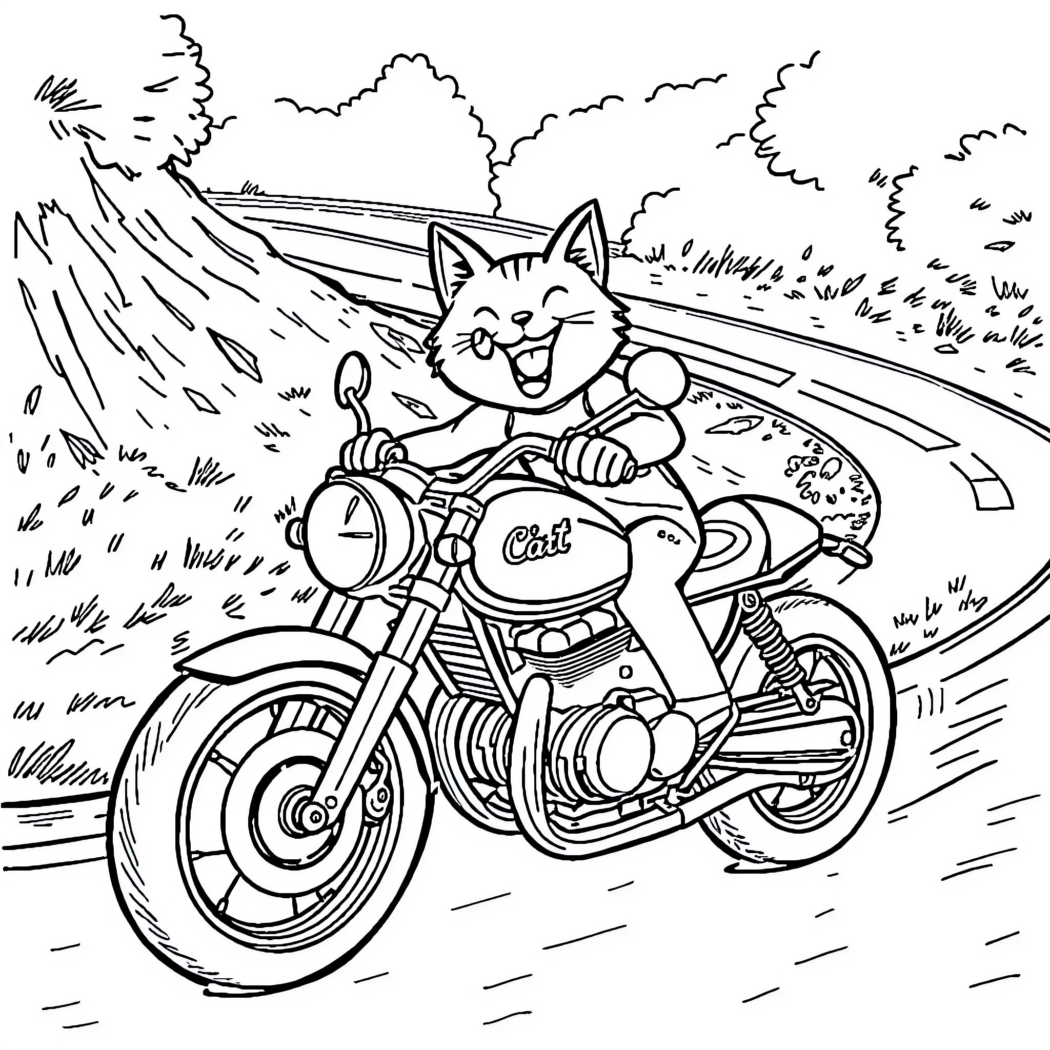 Cat riding motorcycle through countryside Coloring Page (free black-and-white line drawing printable PDF for all, from beginners to advanced learners, including children, teens, adults, and seniors)