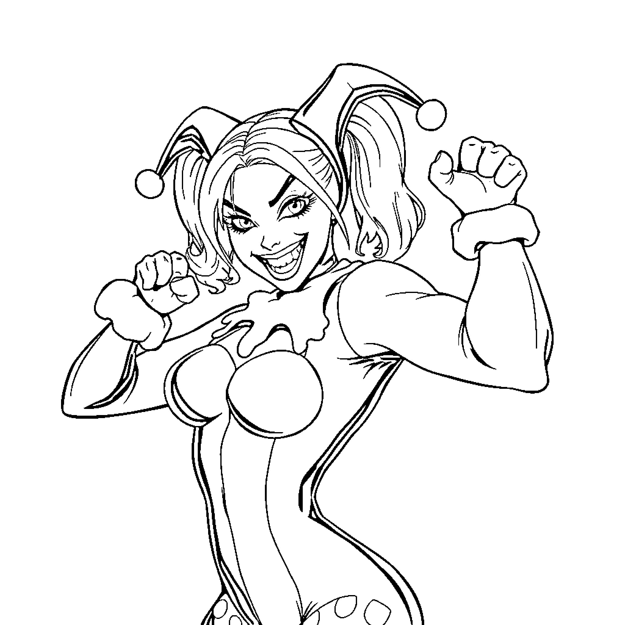 Harley Quinn in Mischievous Pose Coloring Page (free black-and-white line drawing printable PDF for all, from beginners to advanced learners, including children, teens, adults, and seniors)