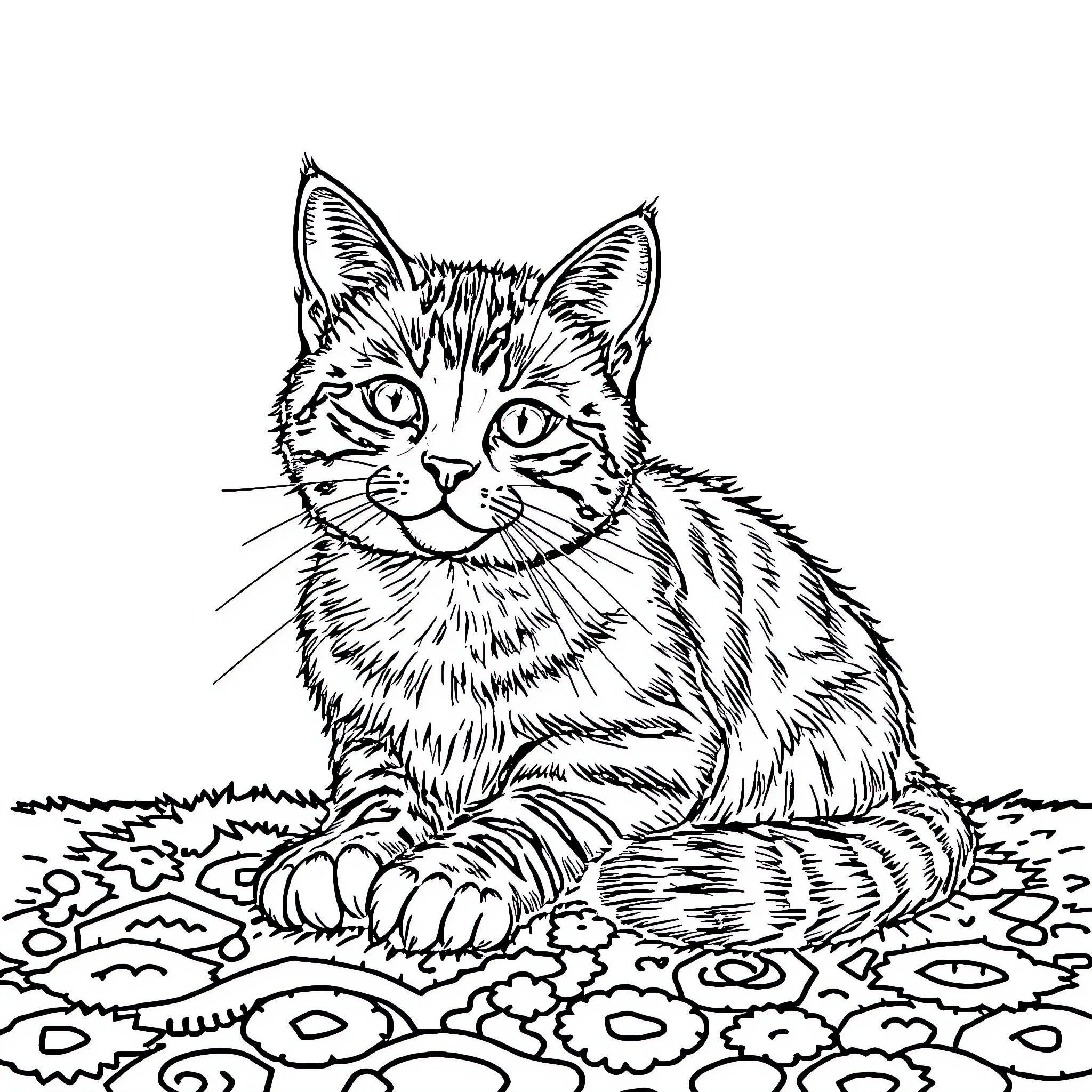 Cat sitting in a flower field Coloring Page (free black-and-white line drawing printable PDF for all, from beginners to advanced learners, including children, teens, adults, and seniors)