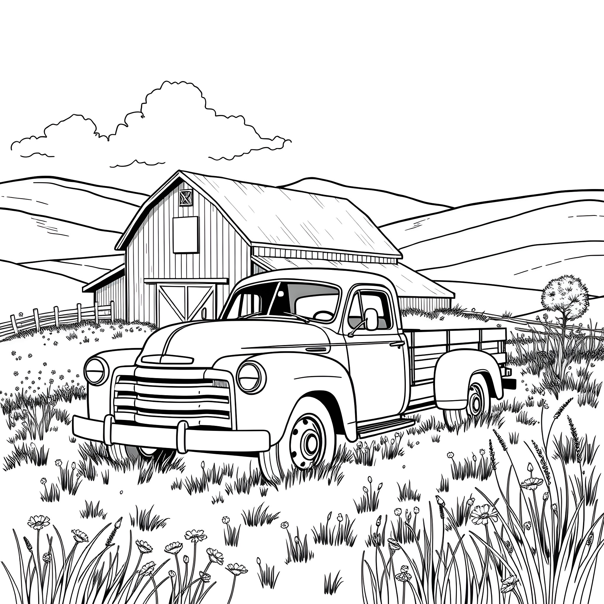 Truck parked near rustic barn in countryside landscape Coloring Page (free black-and-white line drawing printable PDF for all, from beginners to advanced learners, including children, teens, adults, and seniors)