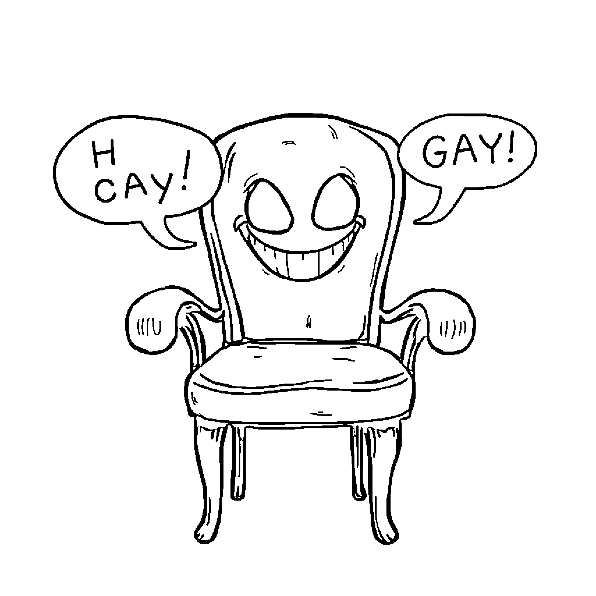 Chair with mischievous expression and speech bubbles Coloring Page (free black-and-white line drawing printable PDF for all, from beginners to advanced learners, including children, teens, adults, and seniors)