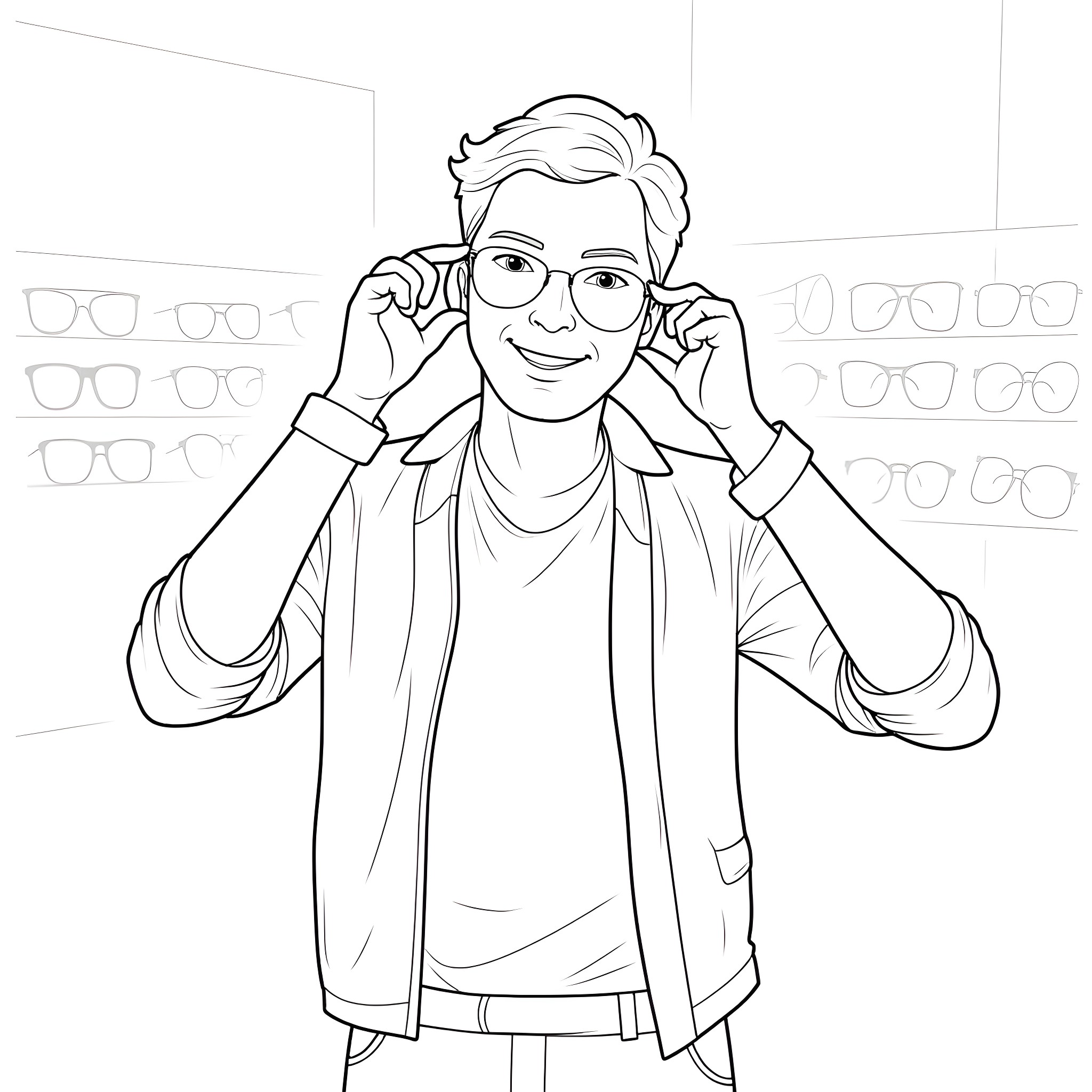 Man trying on glasses in an optical store Coloring Page (free black-and-white line drawing printable PDF for all, from beginners to advanced learners, including children, teens, adults, and seniors)