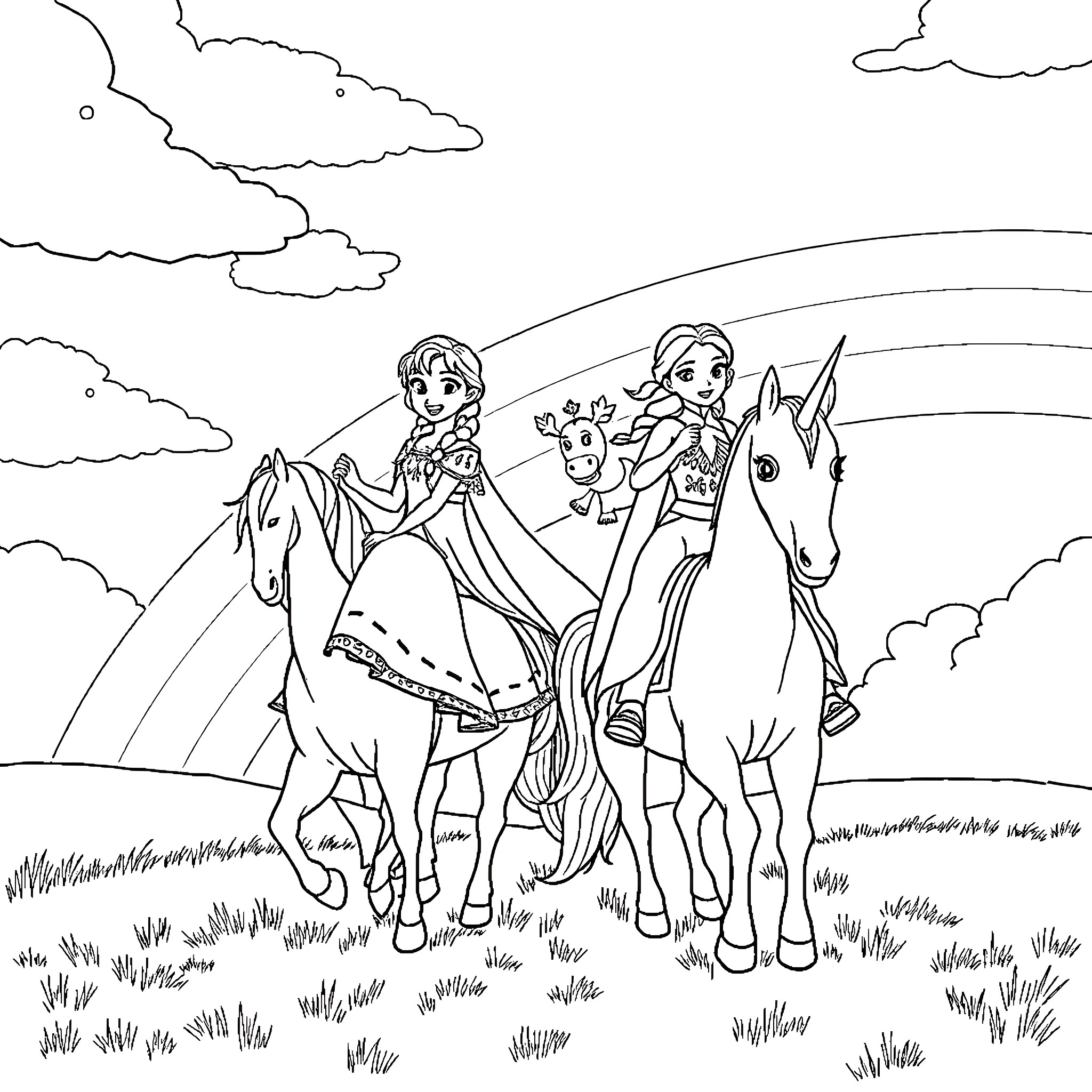 Princess on a horseback adventure with her friend Coloring Page (free black-and-white line drawing printable PDF for all, from beginners to advanced learners, including children, teens, adults, and seniors)