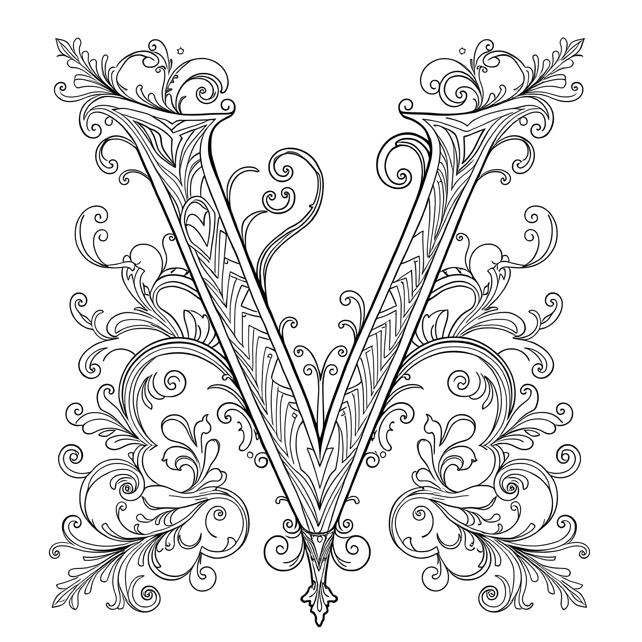 Visually Captivating Ornamental Flourish Illustration Coloring Page (free black-and-white line drawing printable PDF for all, from beginners to advanced learners, including children, teens, adults, and seniors)