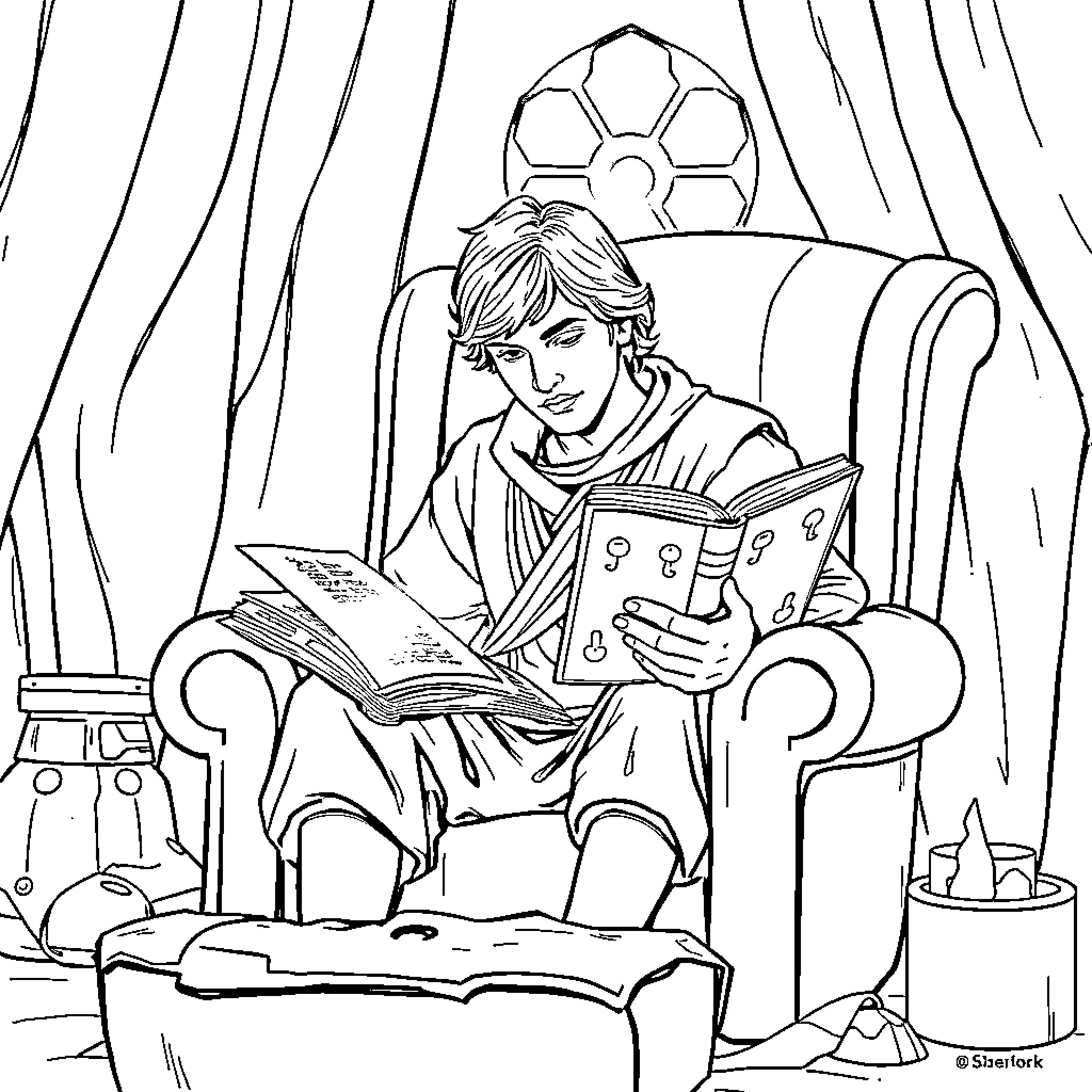 Luke Skywalker studying ancient Jedi texts Coloring Page (free black-and-white line drawing printable PDF for all, from beginners to advanced learners, including children, teens, adults, and seniors)