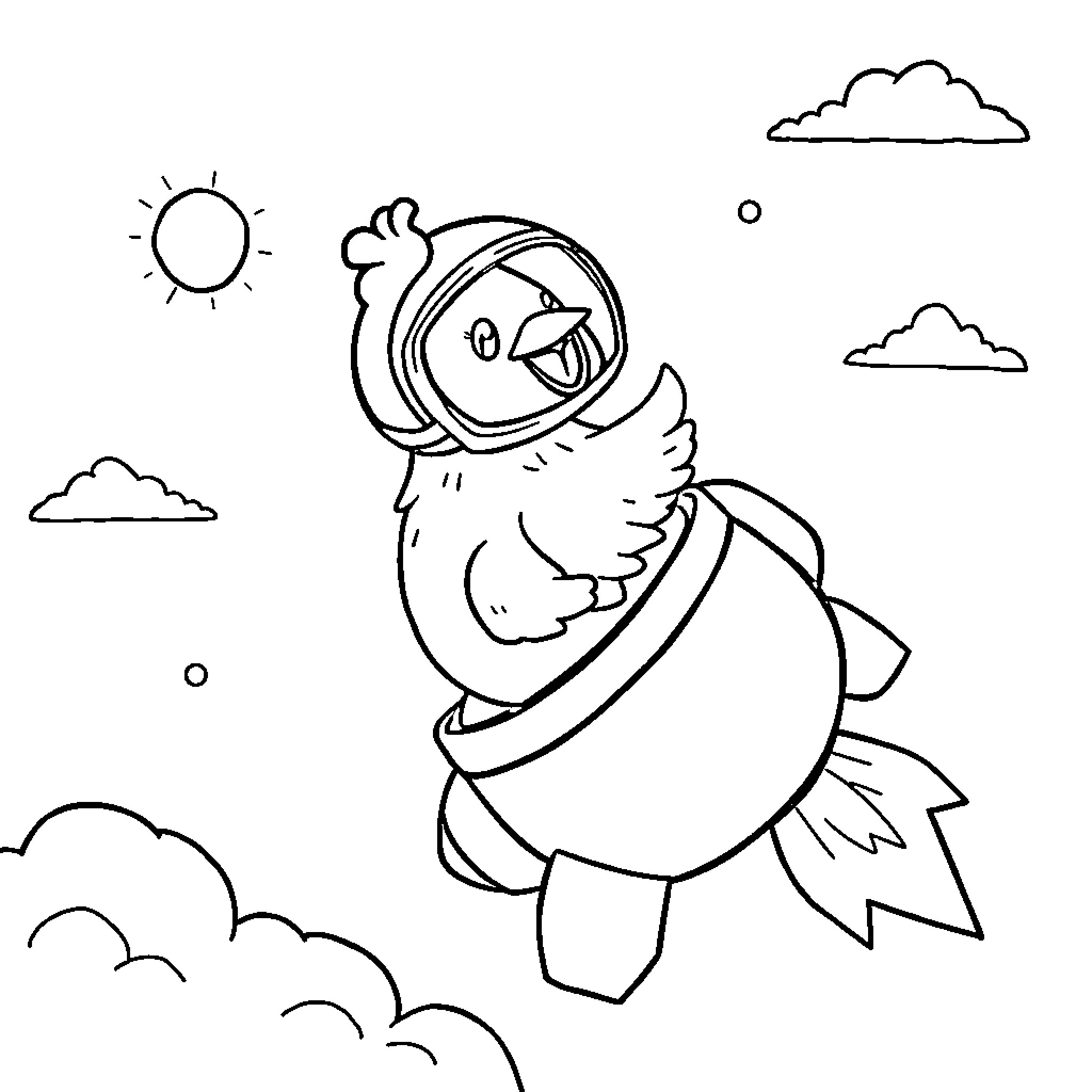 Chicken soaring in the sky Coloring Page (free black-and-white line drawing printable PDF for all, from beginners to advanced learners, including children, teens, adults, and seniors)