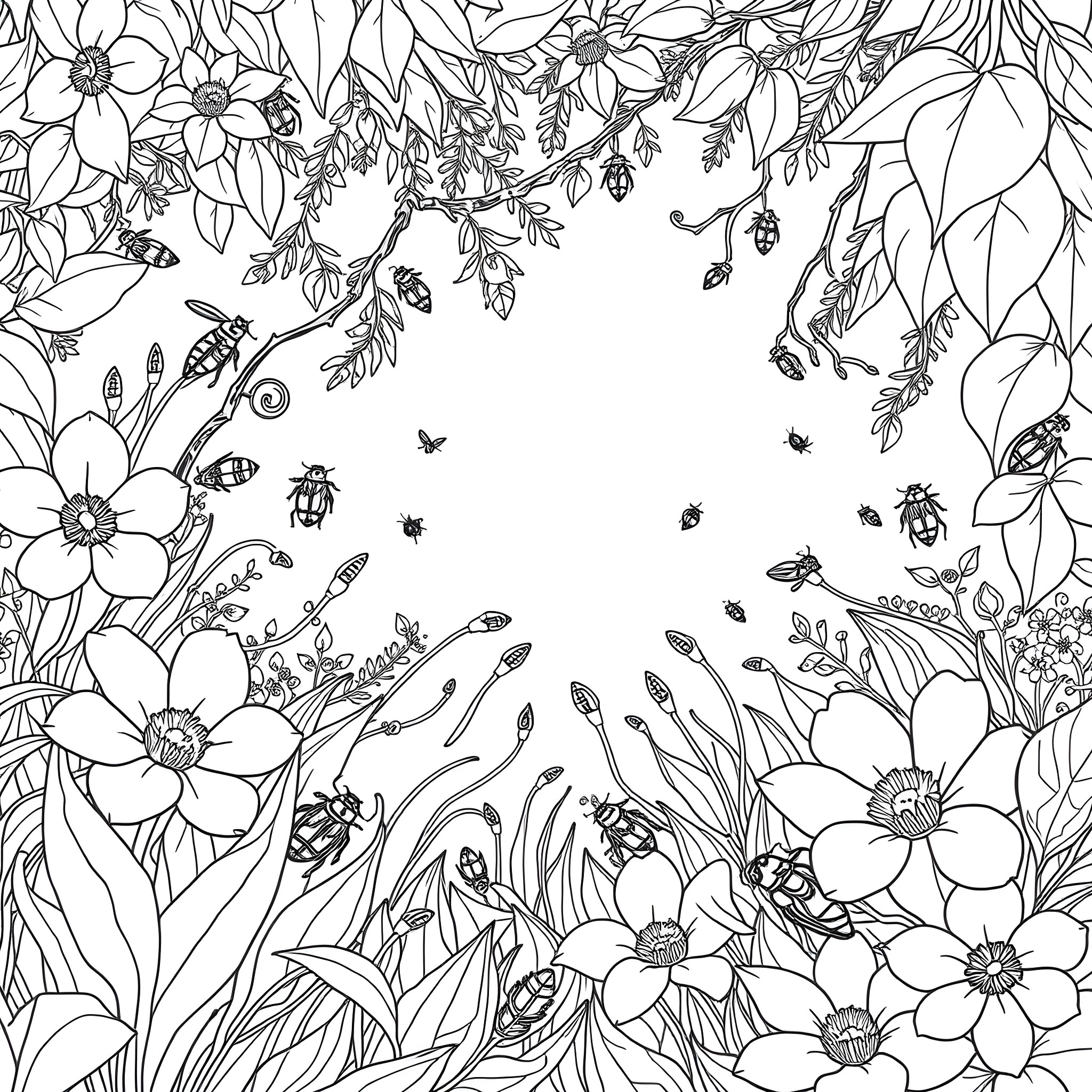 Insect garden with diverse flora and fauna Coloring Page (free black-and-white line drawing printable PDF for all, from beginners to advanced learners, including children, teens, adults, and seniors)