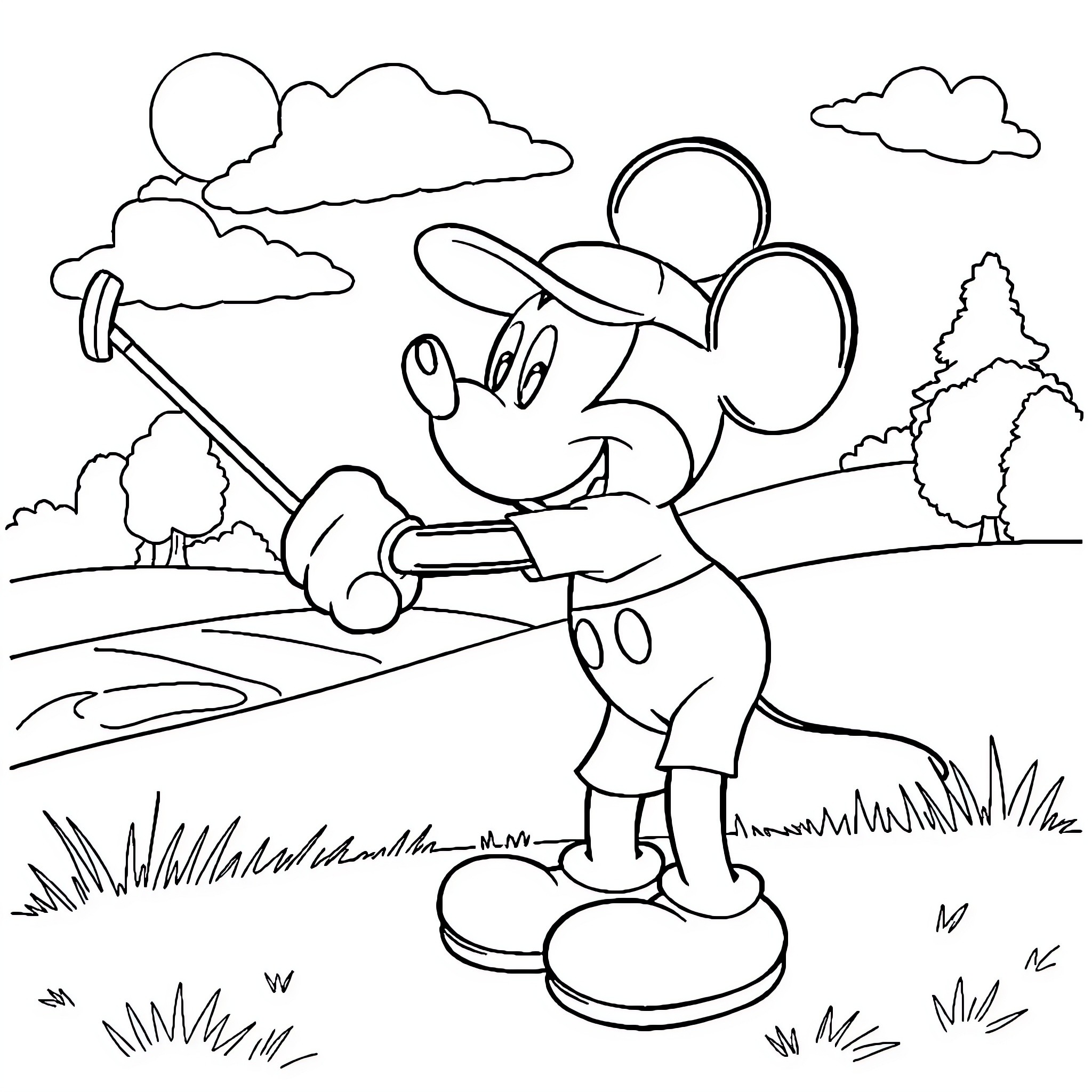 Mickey Mouse holding a fishing rod in the outdoors Coloring Page (free black-and-white line drawing printable PDF for all, from beginners to advanced learners, including children, teens, adults, and seniors)