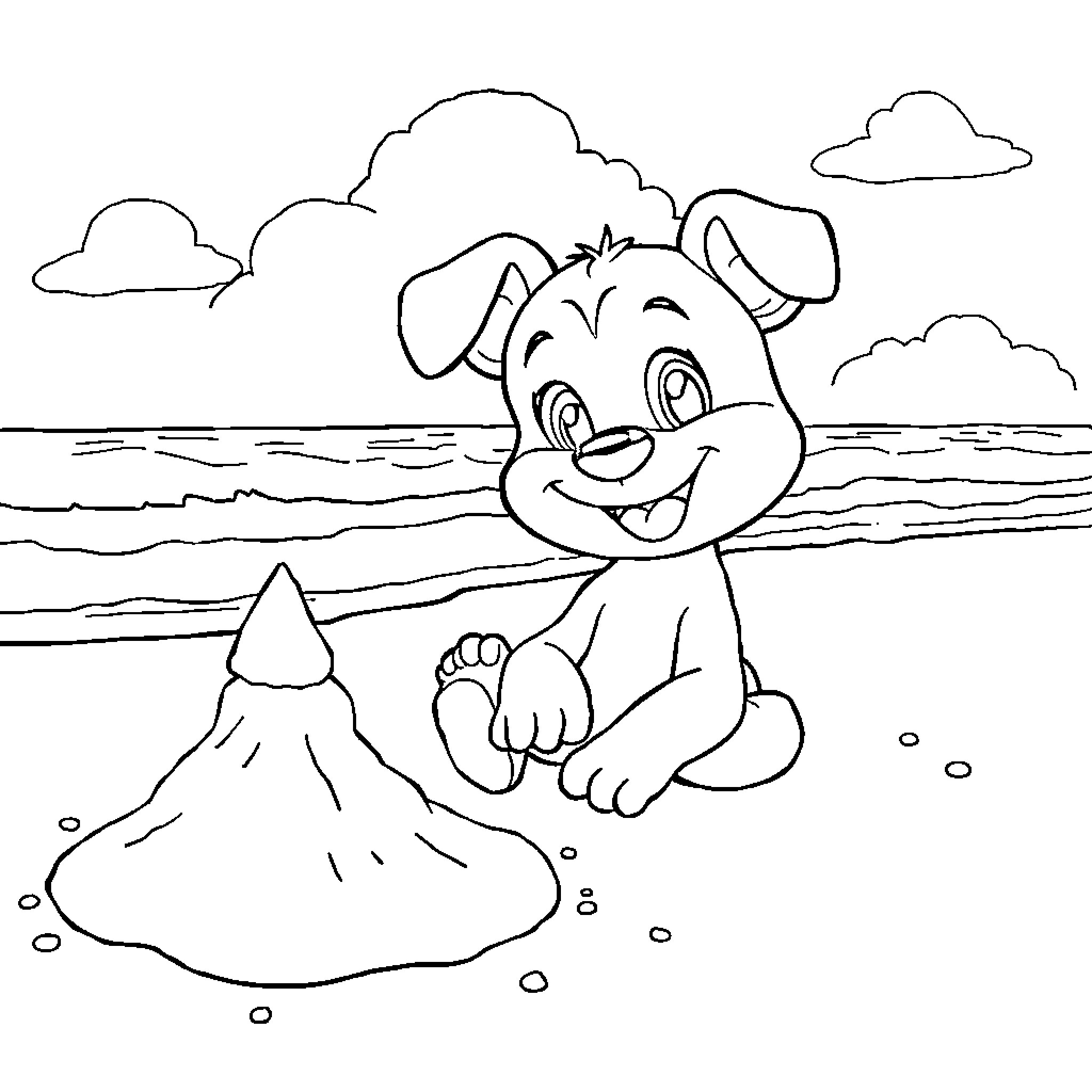 Bluey playing happily on the beach Coloring Page (free black-and-white line drawing printable PDF for all, from beginners to advanced learners, including children, teens, adults, and seniors)