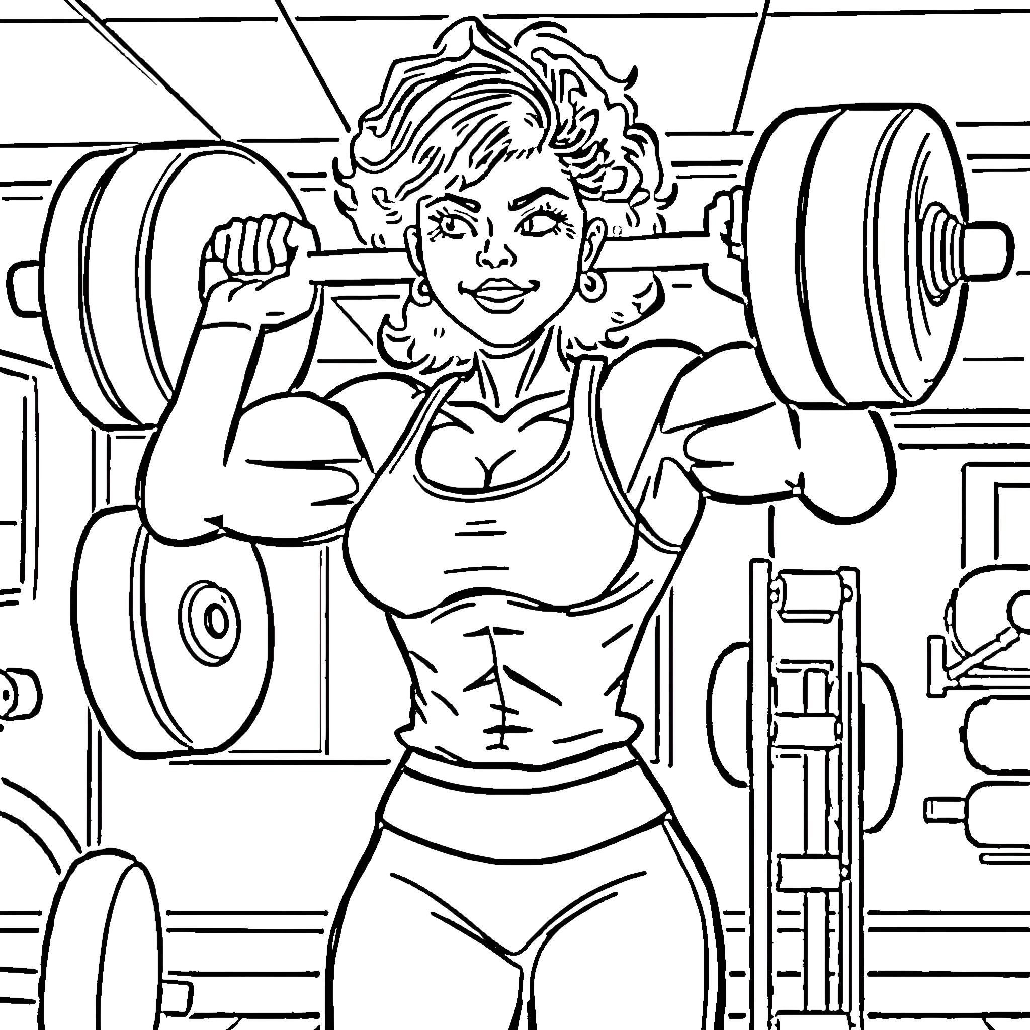 Powerlifting Mother Lifting Heavy Weights in Gym Coloring Page (free black-and-white line drawing printable PDF for all, from beginners to advanced learners, including children, teens, adults, and seniors)
