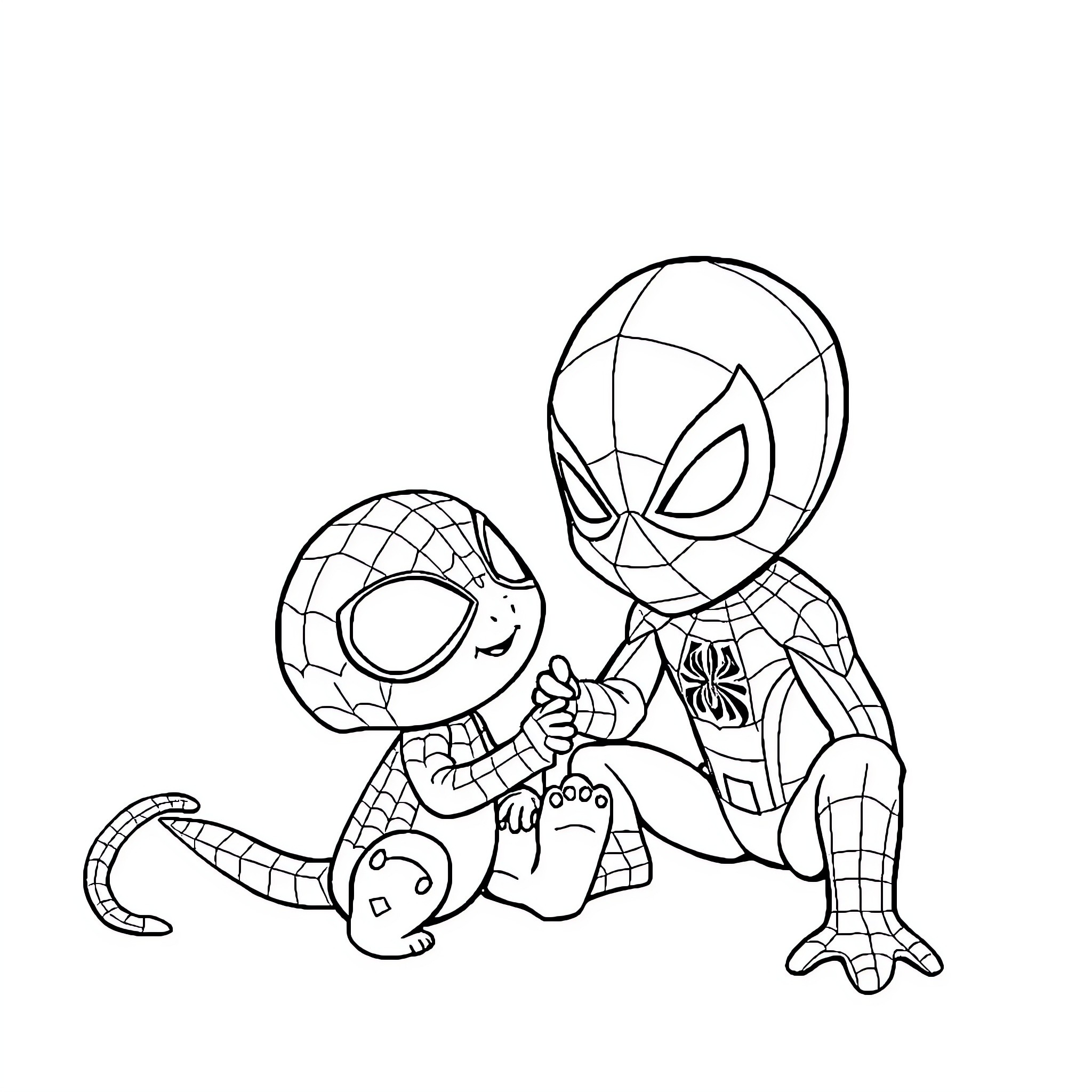 Baby Xoloto playing with cute spider-like creature Coloring Page (free black-and-white line drawing printable PDF for all, from beginners to advanced learners, including children, teens, adults, and seniors)
