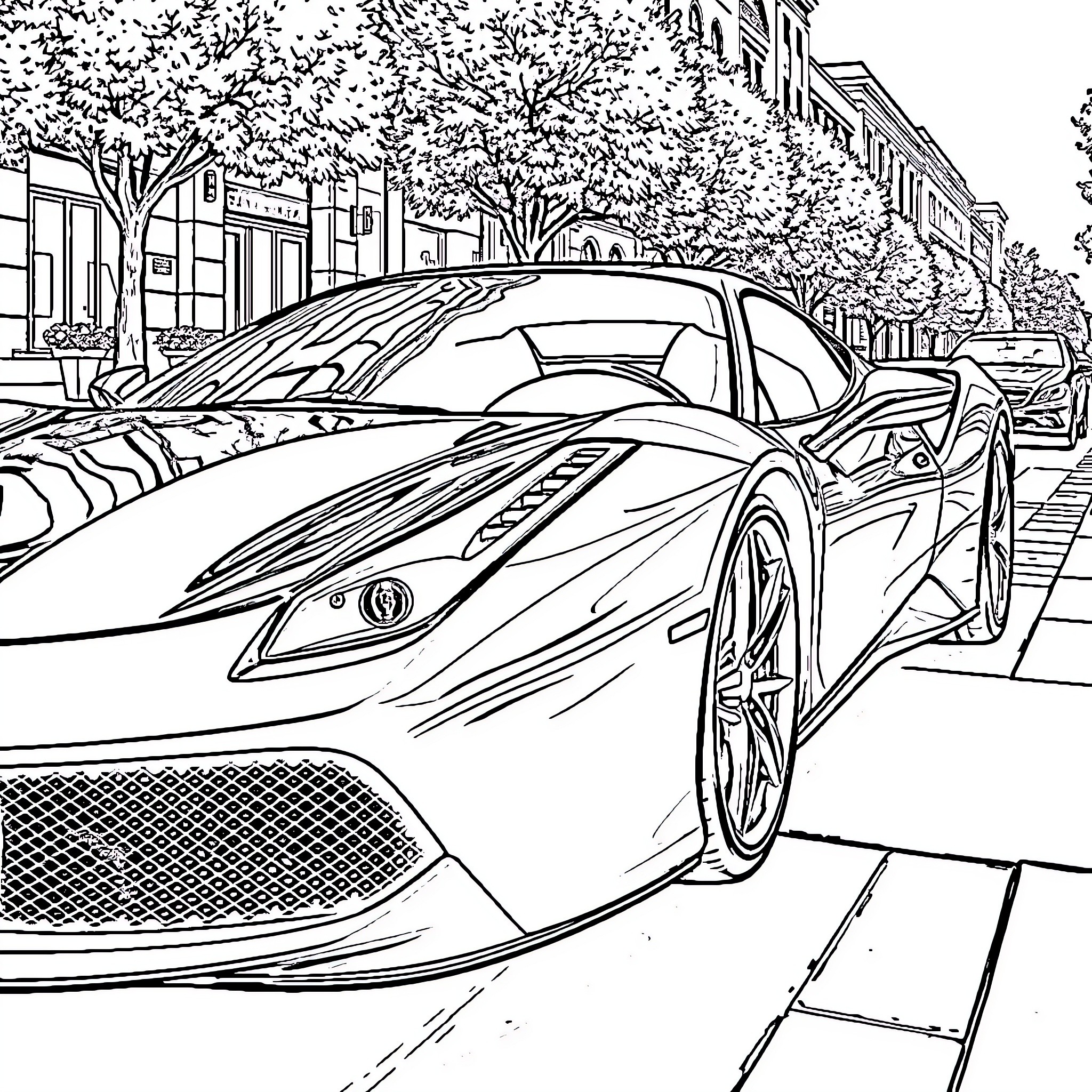 Ferrari sports car on a city street Coloring Page (free black-and-white line drawing printable PDF for all, from beginners to advanced learners, including children, teens, adults, and seniors)