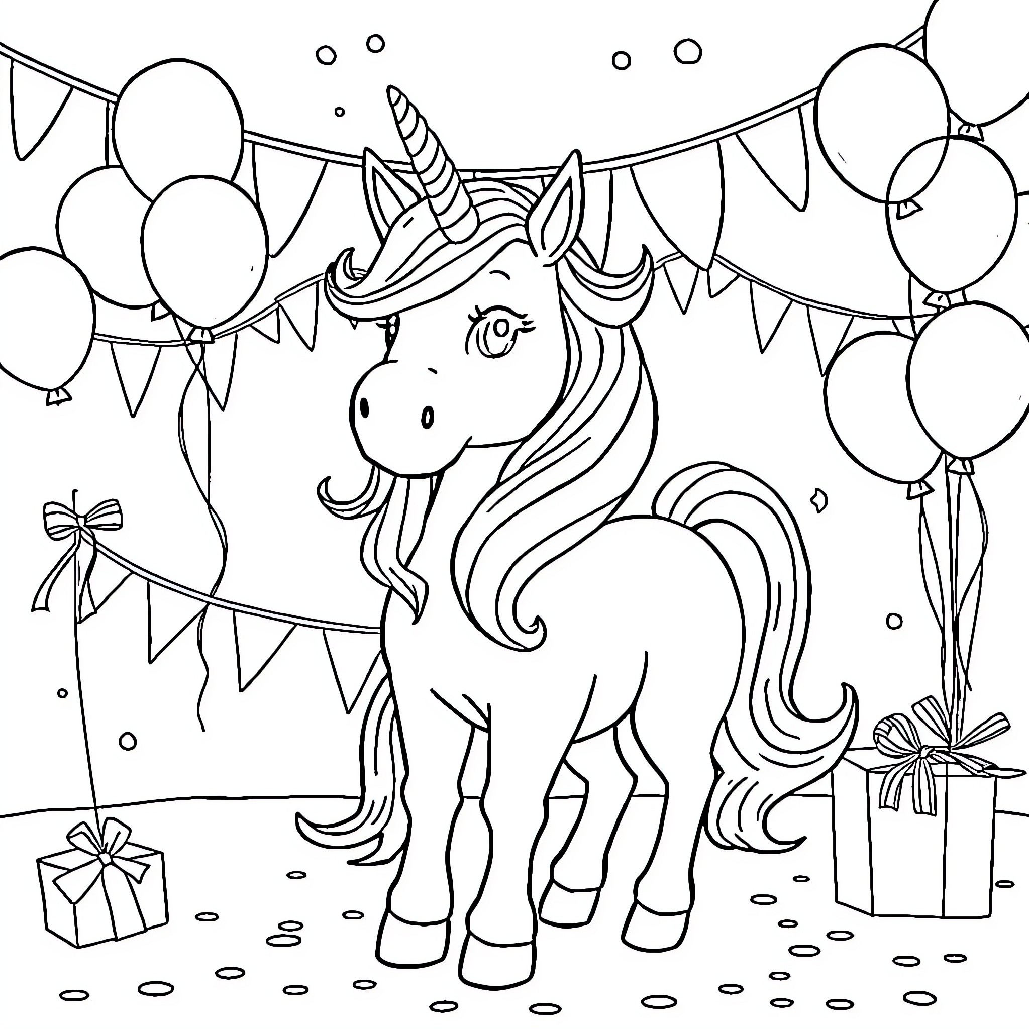 Unicorn celebrating with balloons and gifts Coloring Page (free black-and-white line drawing printable PDF for all, from beginners to advanced learners, including children, teens, adults, and seniors)