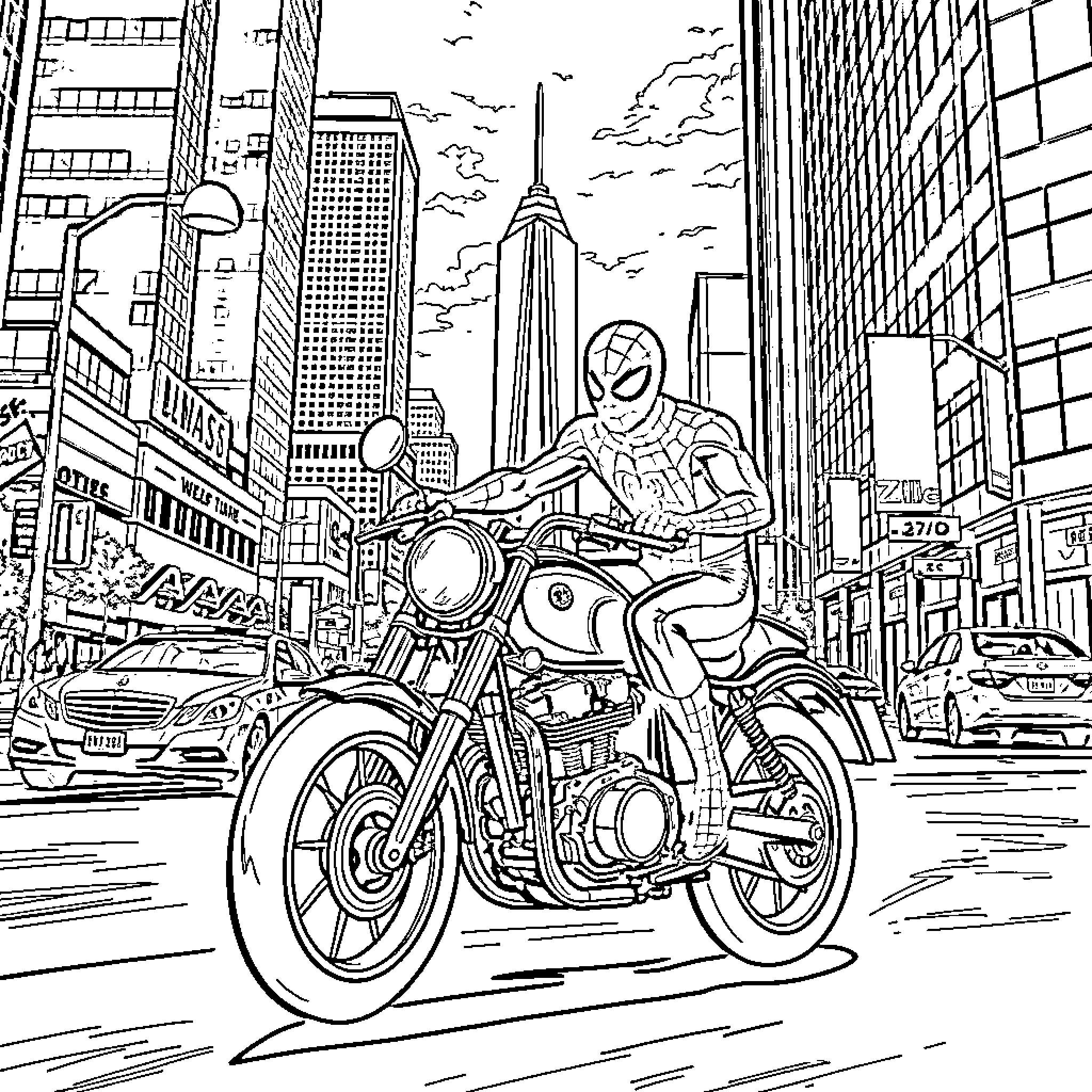 Spiderman riding motorcycle through busy city streets Coloring Page (free black-and-white line drawing printable PDF for all, from beginners to advanced learners, including children, teens, adults, and seniors)