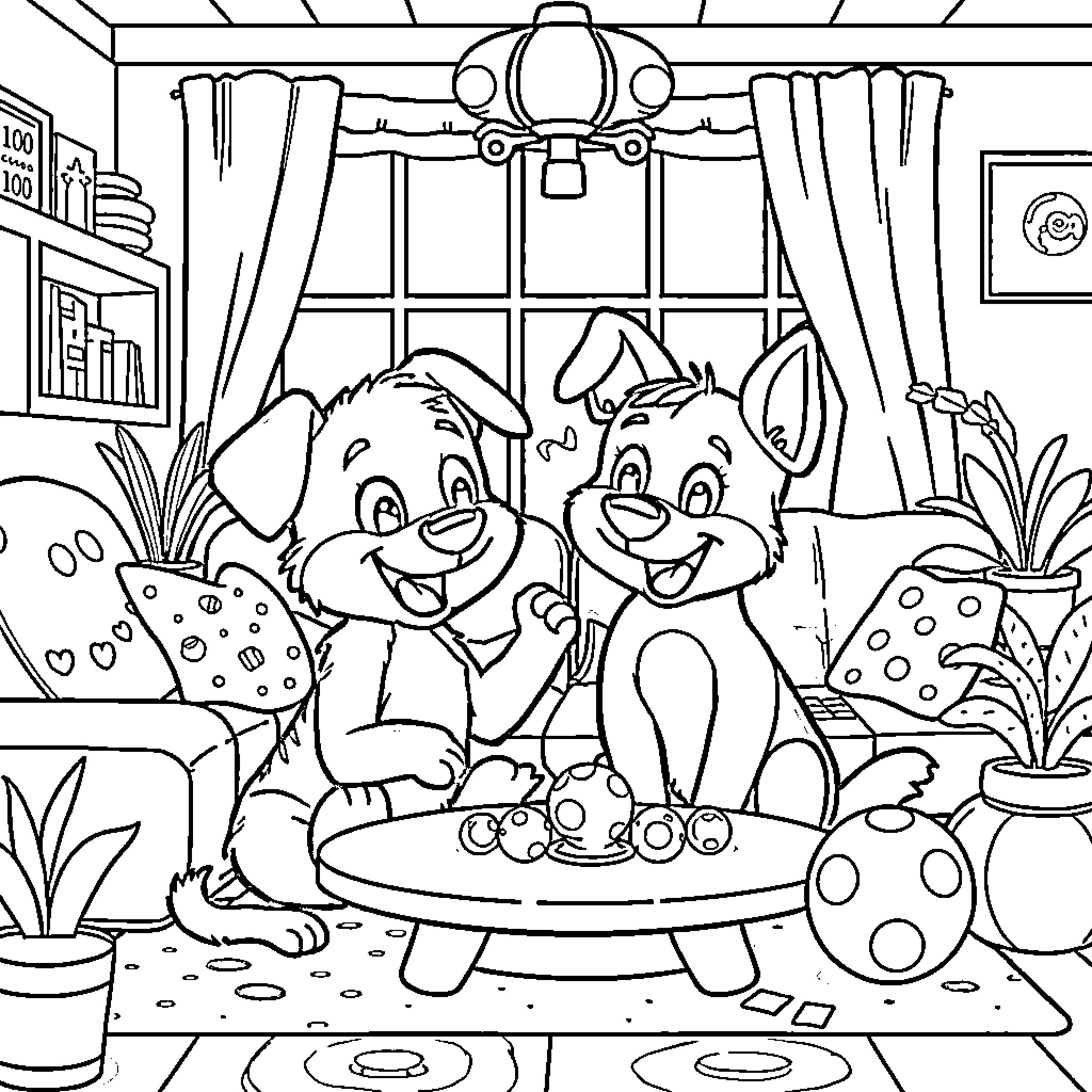 Bluey and Bingo playing joyfully in their room Coloring Page (free black-and-white line drawing printable PDF for all, from beginners to advanced learners, including children, teens, adults, and seniors)