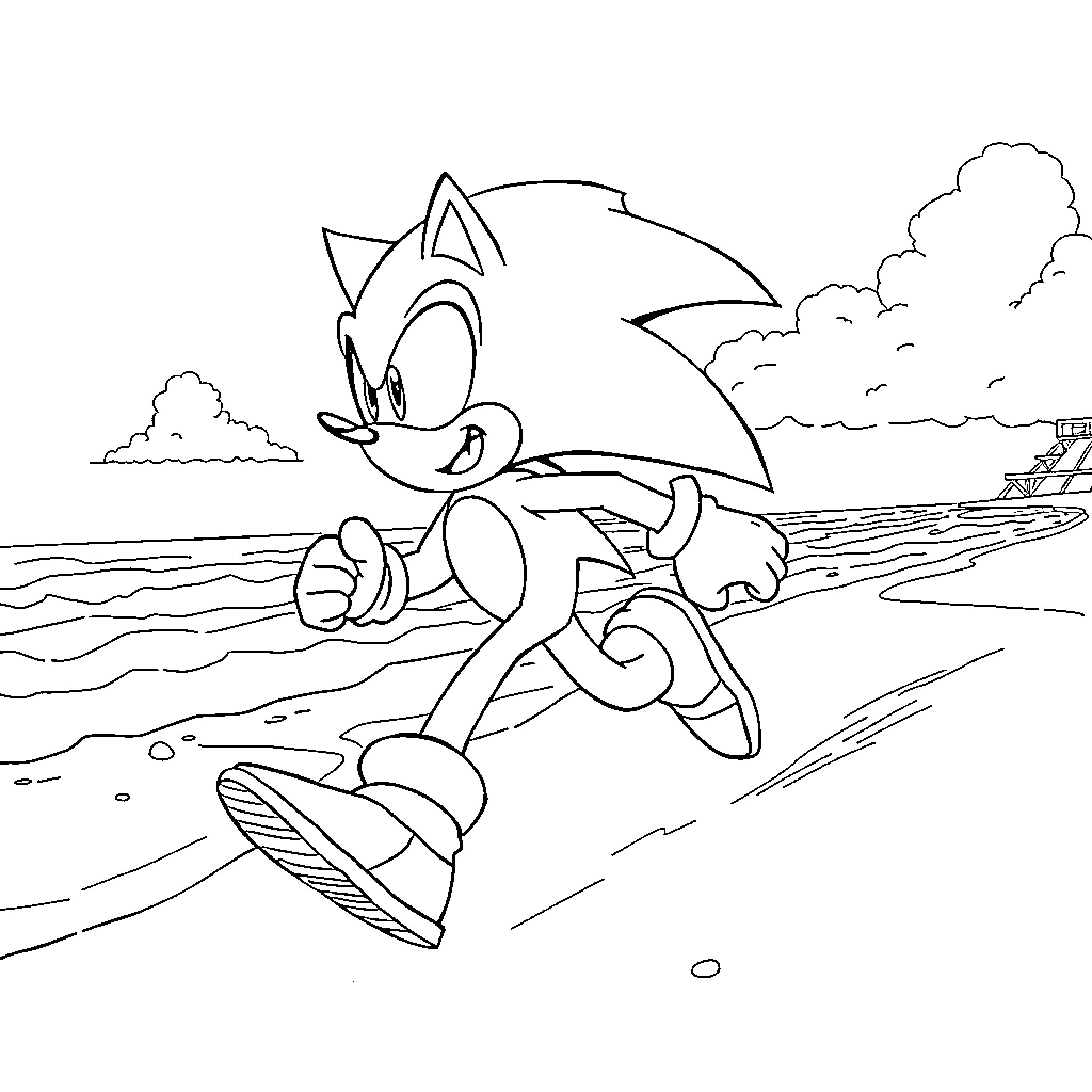 Sonic running swiftly through the seaside landscape Coloring Page (free black-and-white line drawing printable PDF for all, from beginners to advanced learners, including children, teens, adults, and seniors)