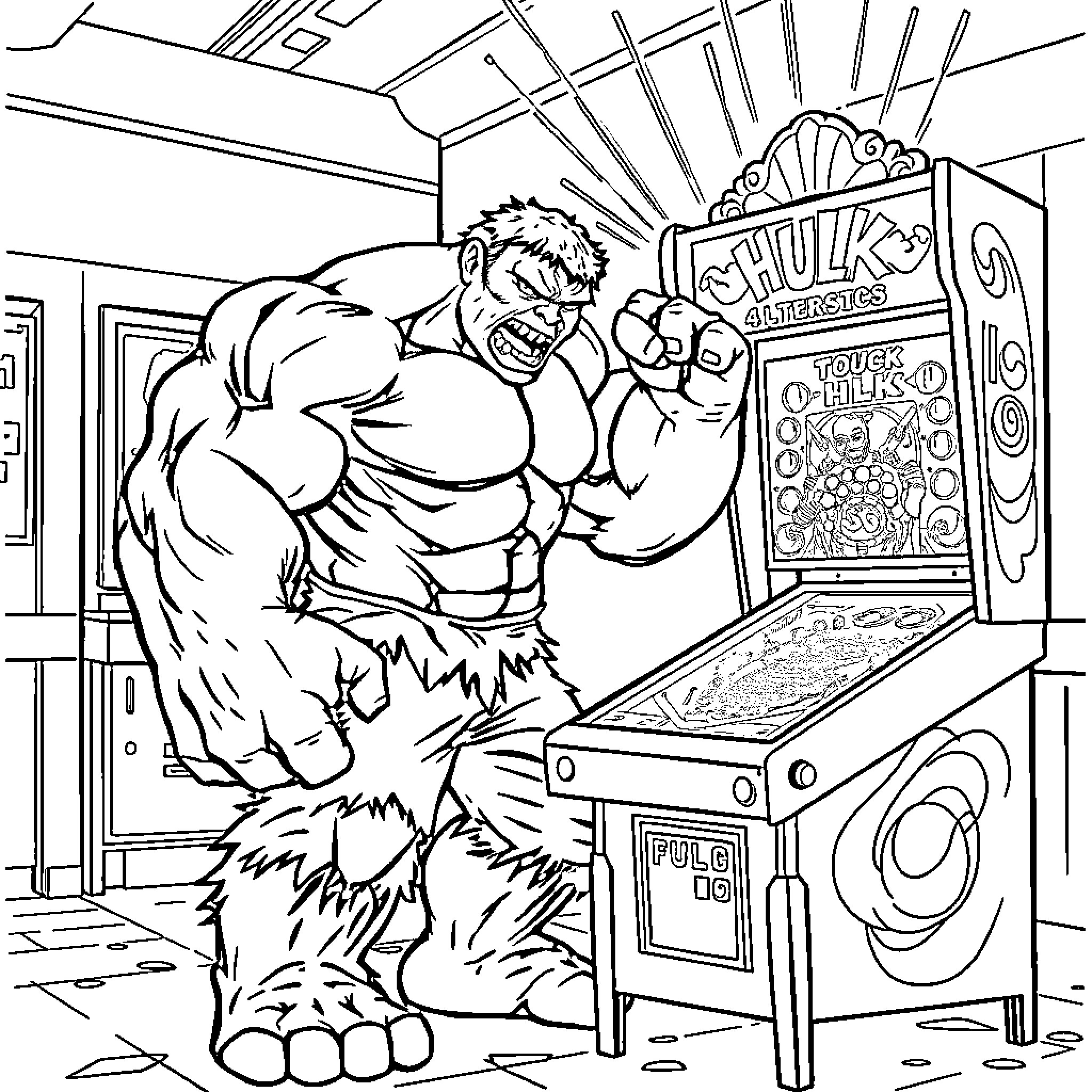 Hulk playing a pinball machine in an arcade Coloring Page (free black-and-white line drawing printable PDF for all, from beginners to advanced learners, including children, teens, adults, and seniors)