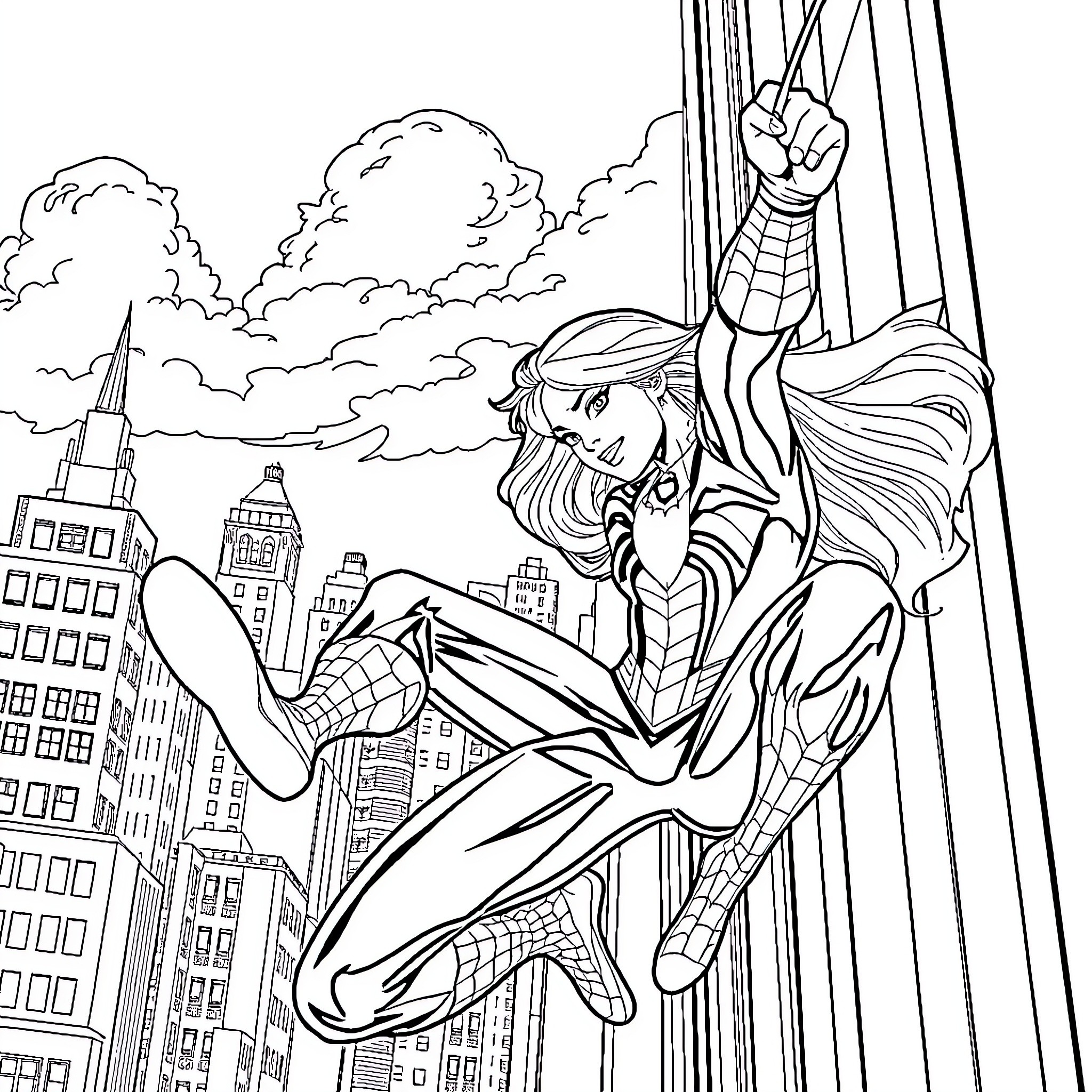 Spider-Person swinging through city skyline Coloring Page (free black-and-white line drawing printable PDF for all, from beginners to advanced learners, including children, teens, adults, and seniors)