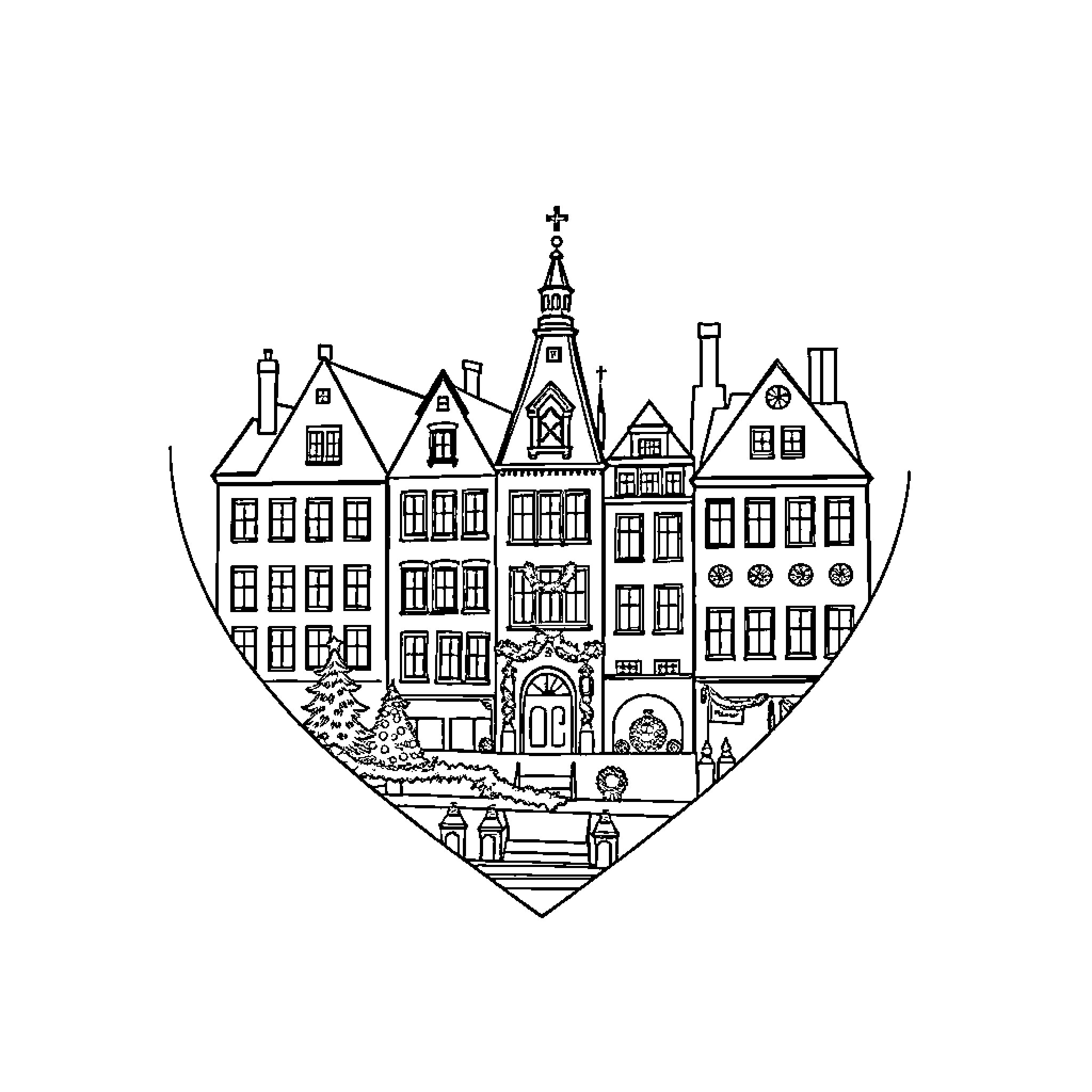 Heart of a Historic European City Coloring Page (free black-and-white line drawing printable PDF for all, from beginners to advanced learners, including children, teens, adults, and seniors)