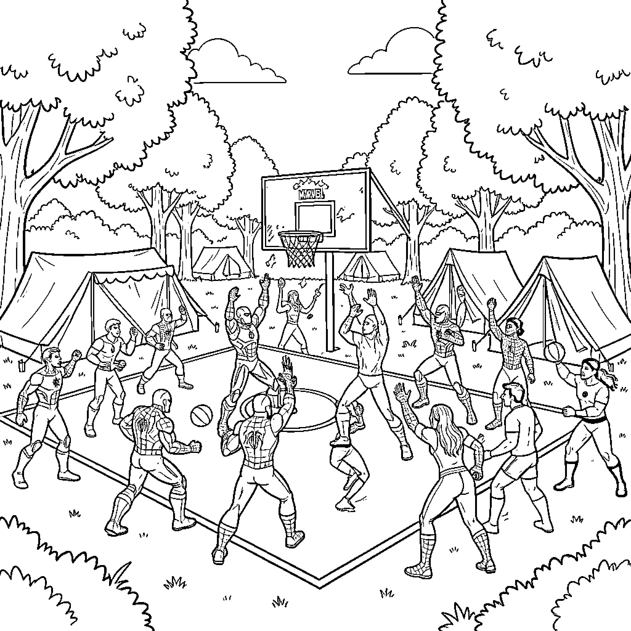 Superhero Basketball Tournament in the Woods Coloring Page (free black-and-white line drawing printable PDF for all, from beginners to advanced learners, including children, teens, adults, and seniors)