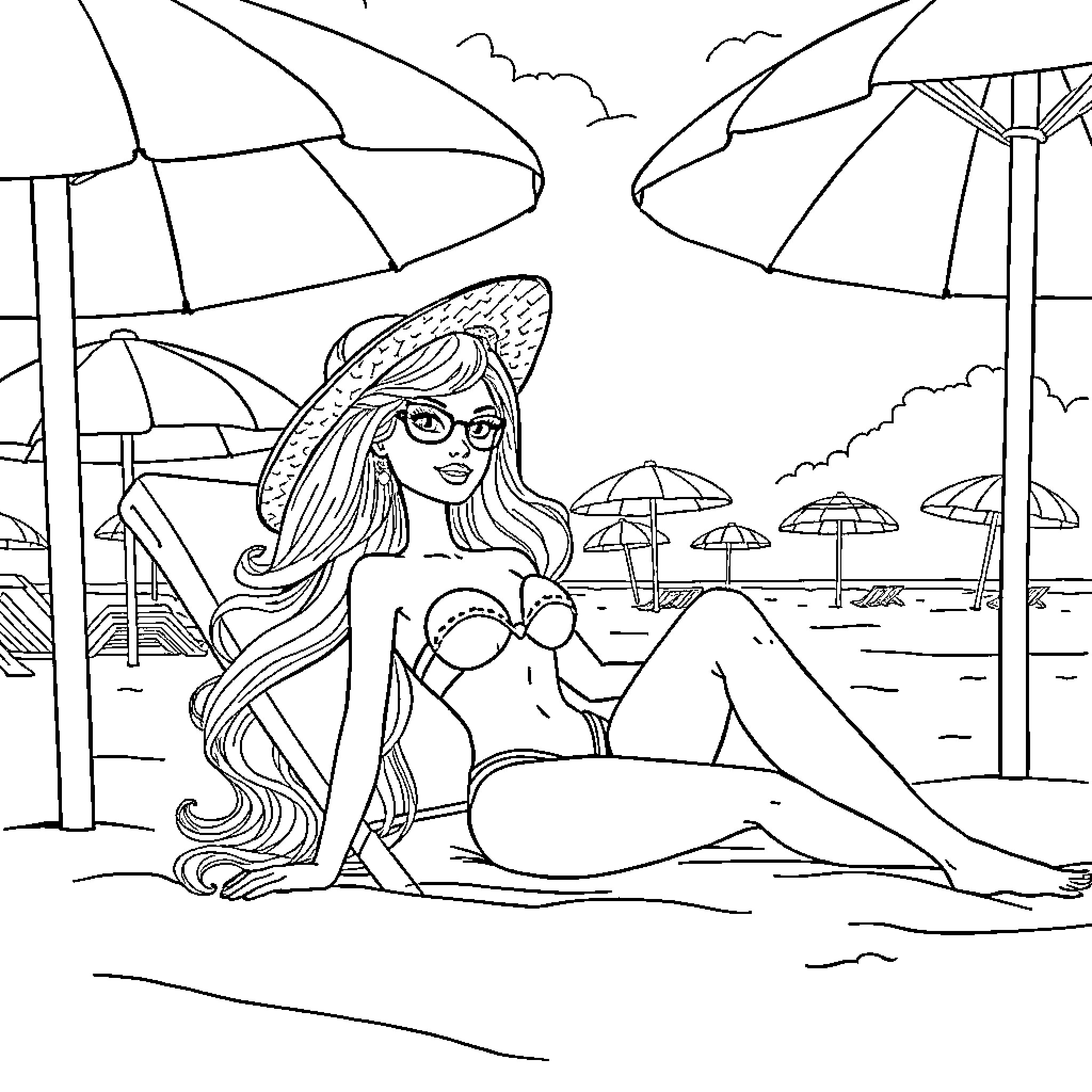Barbie relaxing on the beach under umbrellas Coloring Page (free black-and-white line drawing printable PDF for all, from beginners to advanced learners, including children, teens, adults, and seniors)