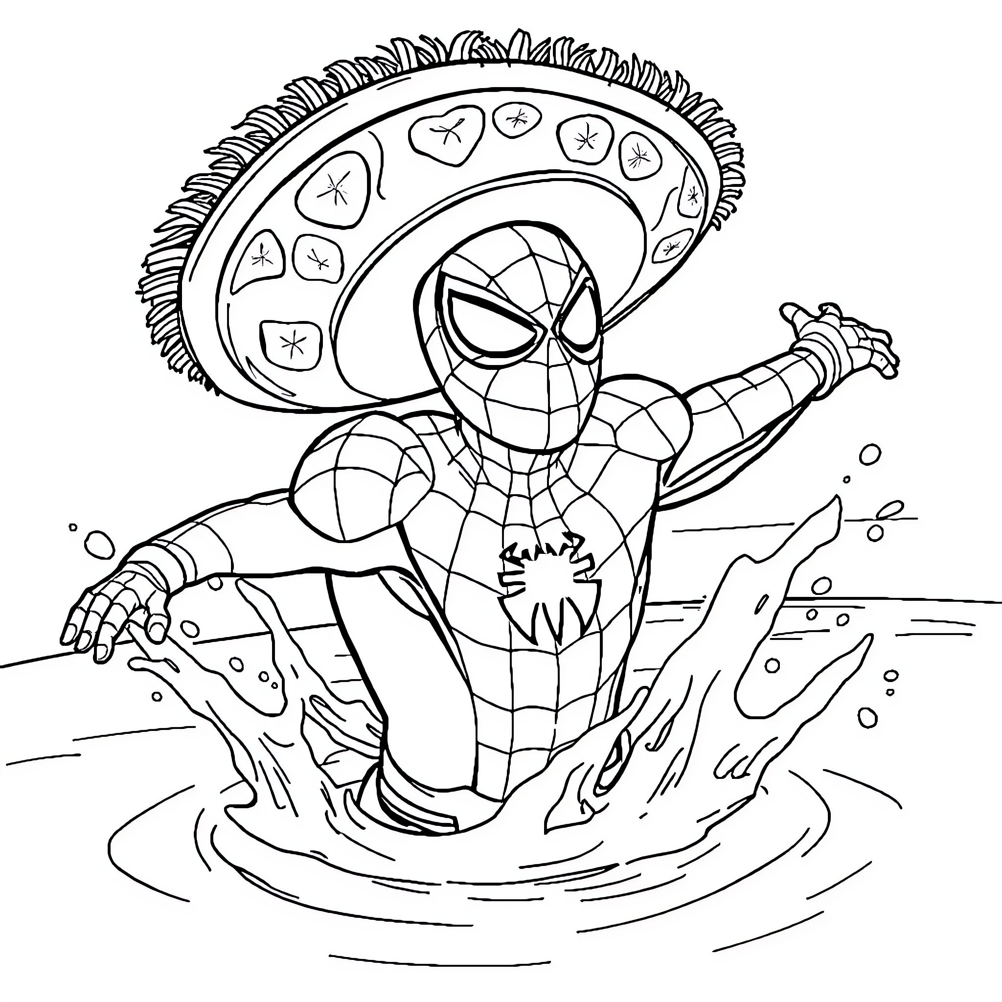 Spiderman swinging through the air with his web Coloring Page (free black-and-white line drawing printable PDF for all, from beginners to advanced learners, including children, teens, adults, and seniors)